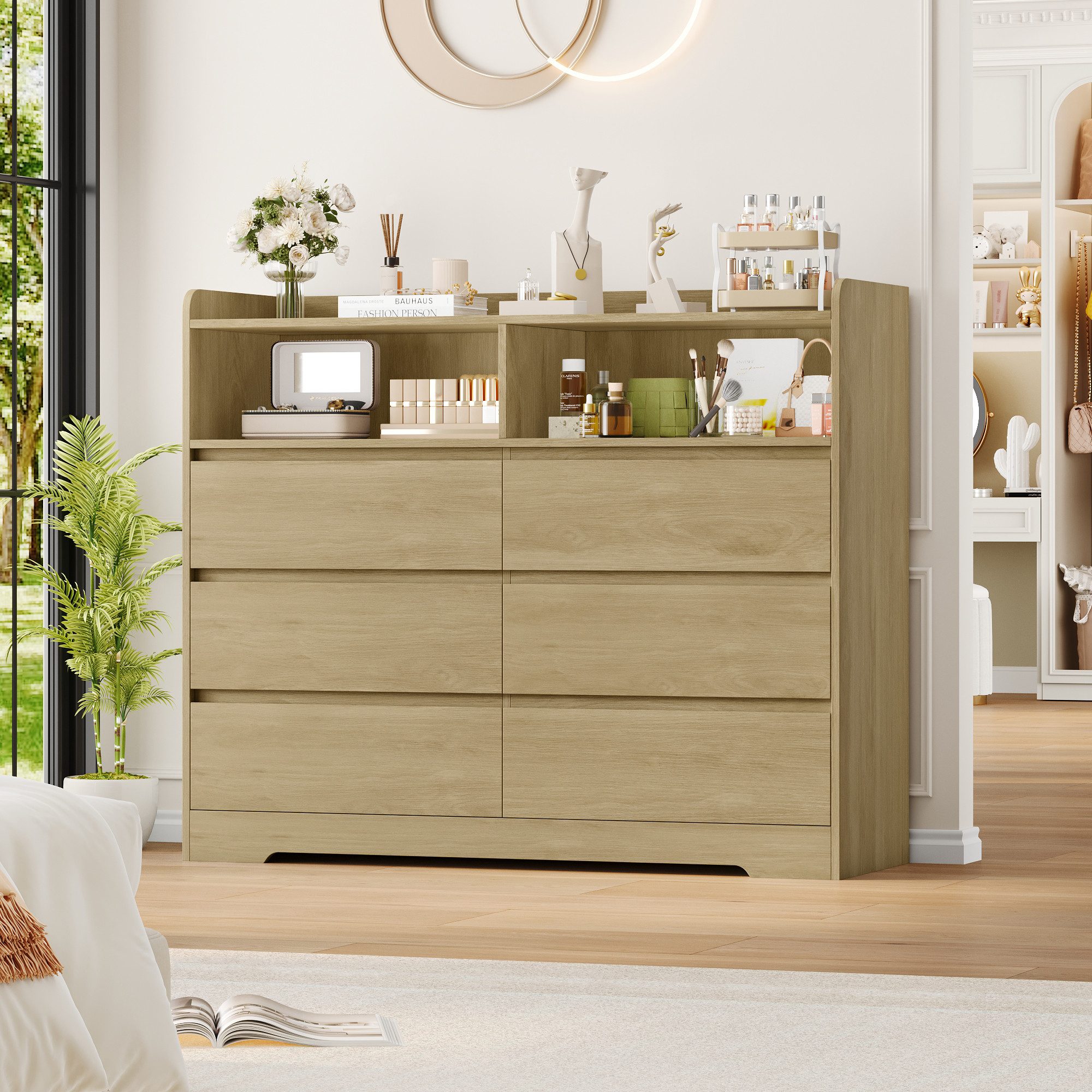 Homfa Kommode Sideboard Komodenschrank, mit 6 Schubladen und 2 offenen Fächern, Breite 120cm Höhe 100cm