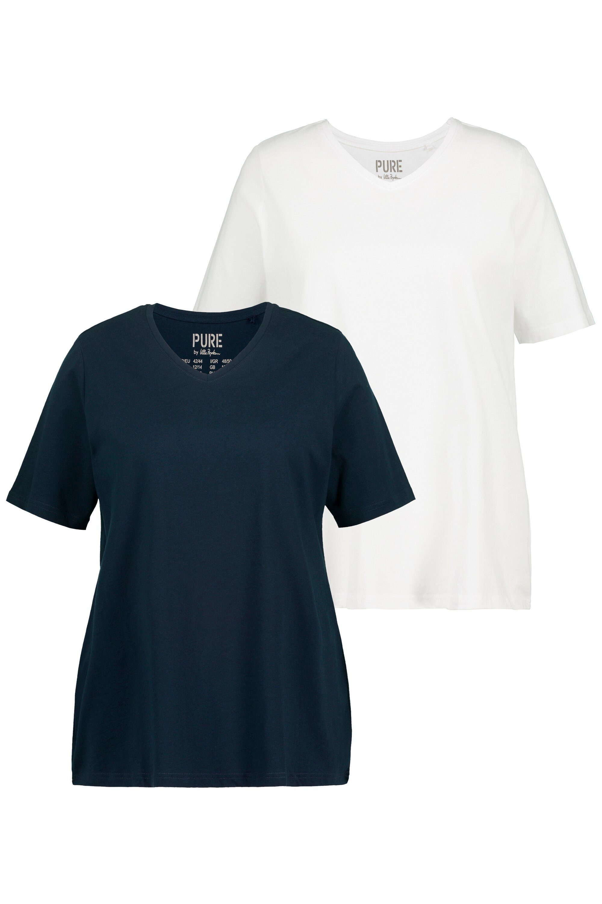 Ulla Popken Rundhalsshirt T-Shirts 2er-Pack V-Ausschnitt Halbarm (2-tlg) marine