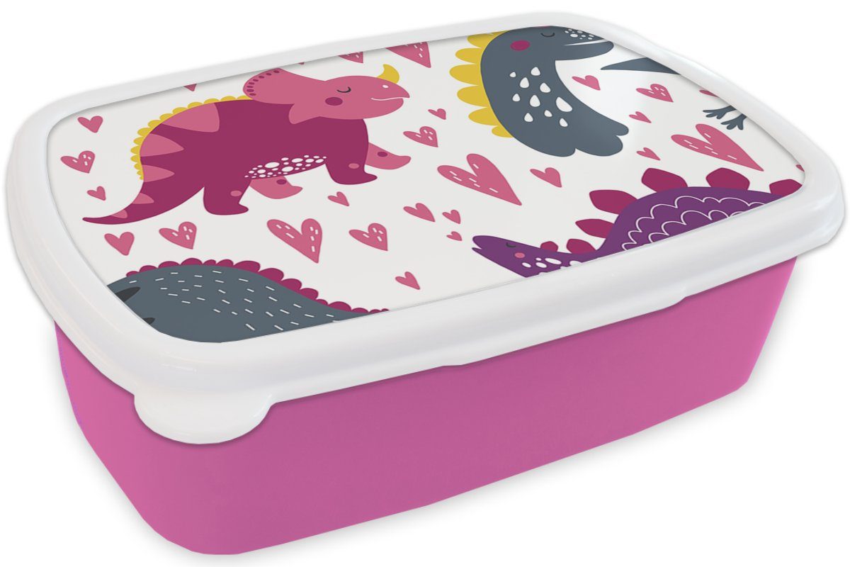 Brotbox (2-tlg), Herz Mädchen - Snackbox, - Dino Lunchbox Brotdose Mädchen, Kunststoff - Rosa - Muster für Dinosaurier, MuchoWow Kunststoff, - Kinder, Erwachsene,
