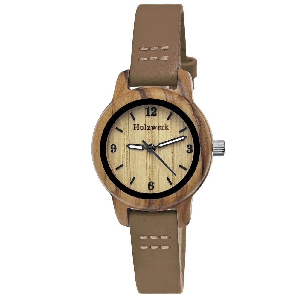 Uhr, beige Quarzuhr BROWN kleine Kinder braun, Holz CLARA & Armband Holzwerk Leder