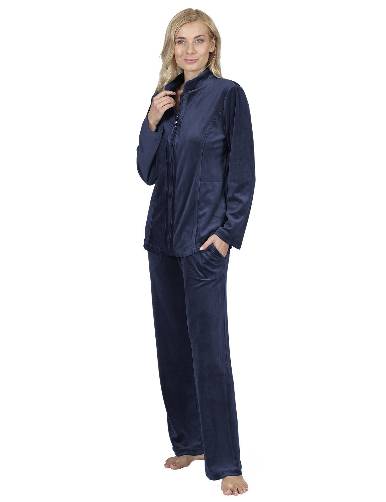 RAIKOU Hausanzug Damen Nicki Freizeitanzug Homewear Paillettenreihen Nachtblau Hausanzug mit Reißverschluss