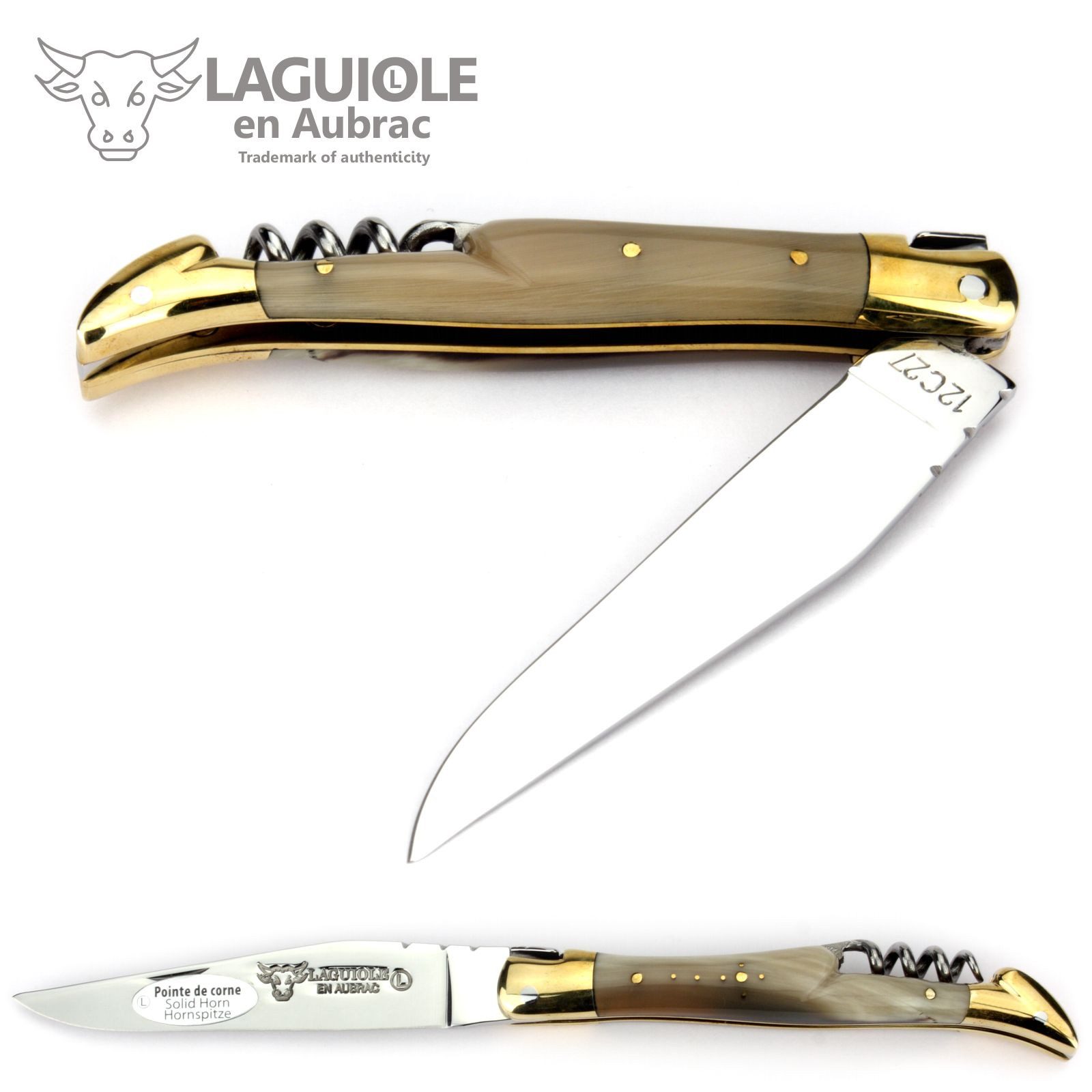 Laguiole en Aubrac Taschenmesser L0311PCLS, Griff 11cm Hornspitze - Korkenzieher - Backe Messing - Klinge glänzend