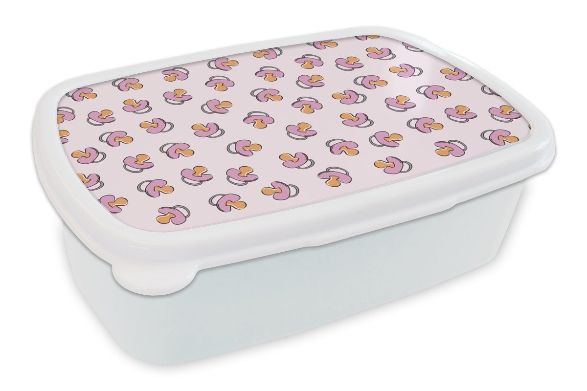 MuchoWow Lunchbox Schnuller - Muster - Rosa, Kunststoff, (2-tlg), Brotbox für Kinder und Erwachsene, Brotdose, für Jungs und Mädchen weiß