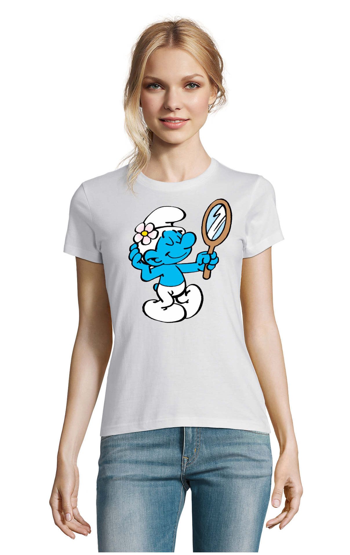 Blondie & Brownie T-Shirt Damen T-Shirt Schlumpf Spiegel Motiv Baumwolle Cartoon Print Shirt (Einzelartikel, 1 Stück) Herren T-Shirt Schlumpf Spiegel Motiv Cartoon Shirt Baumwolle Print