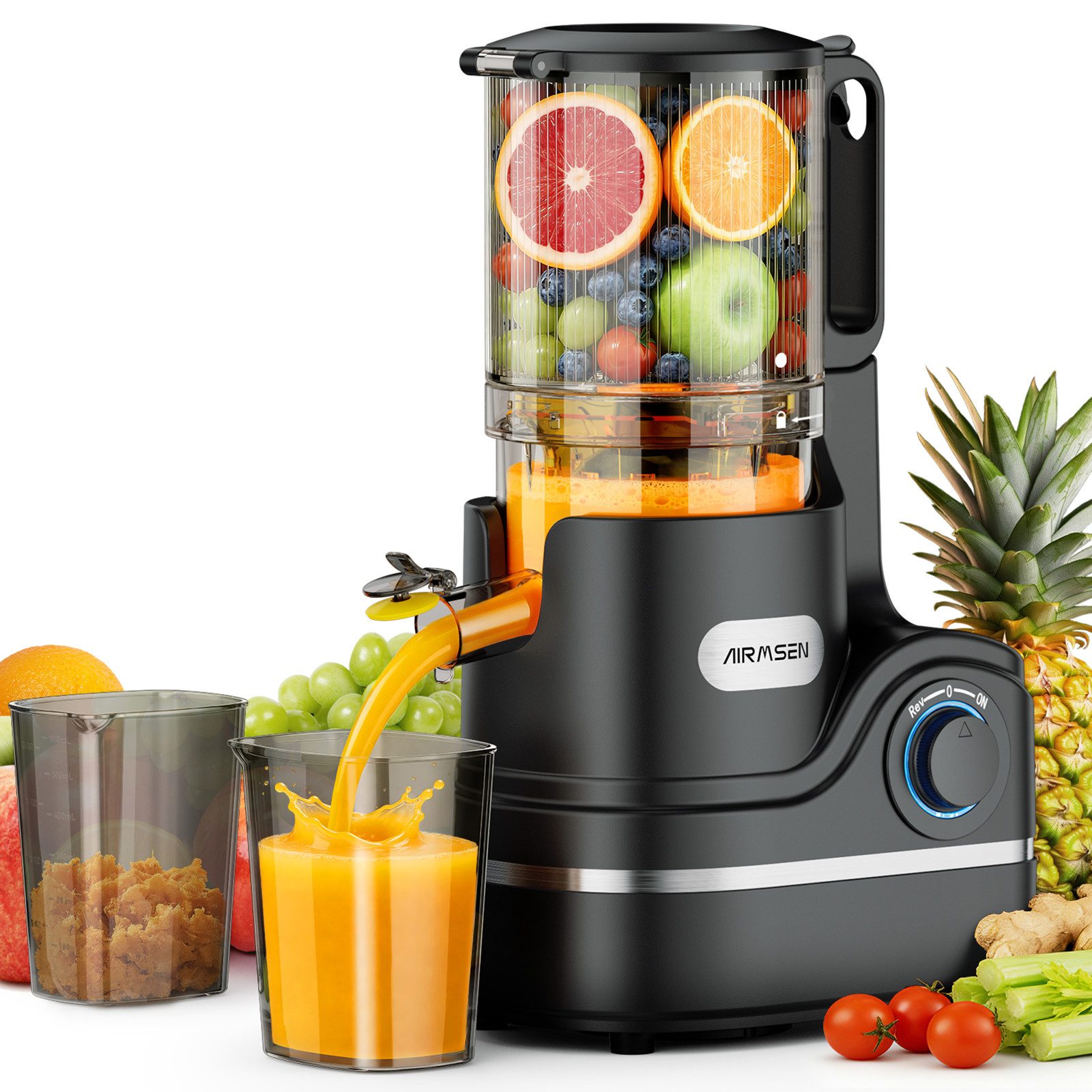 Airmsen Slow Juicer mit 147MM Extra Großem Einfüllschacht, Entsafter Gemüse und Obst, 300 W, Leicht zu Reinigen, Hohe Saftausbeute