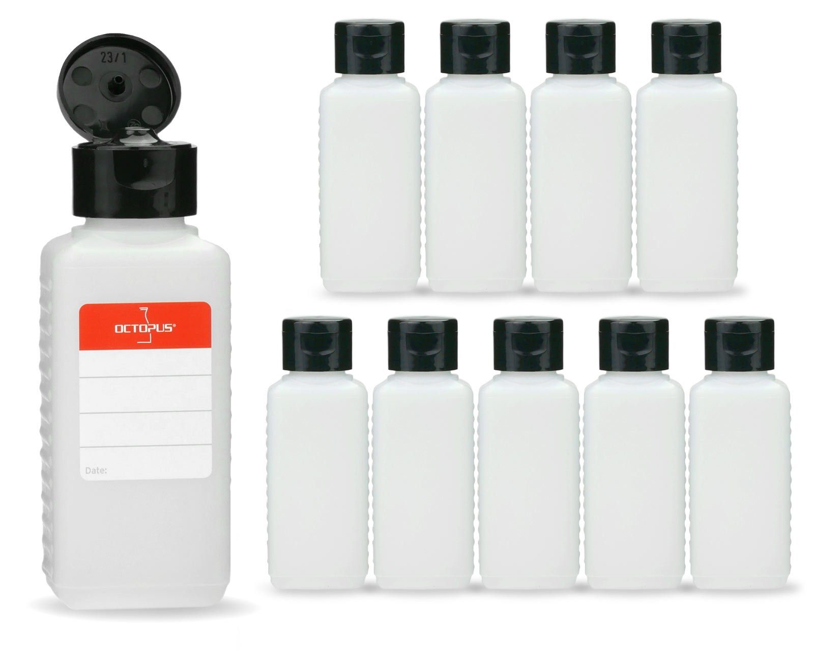 OCTOPUS Kanister 10 Plastikflaschen 100 ml eckig aus HDPE, natur, G25, Klappscharnierve (10 St) | Kanister