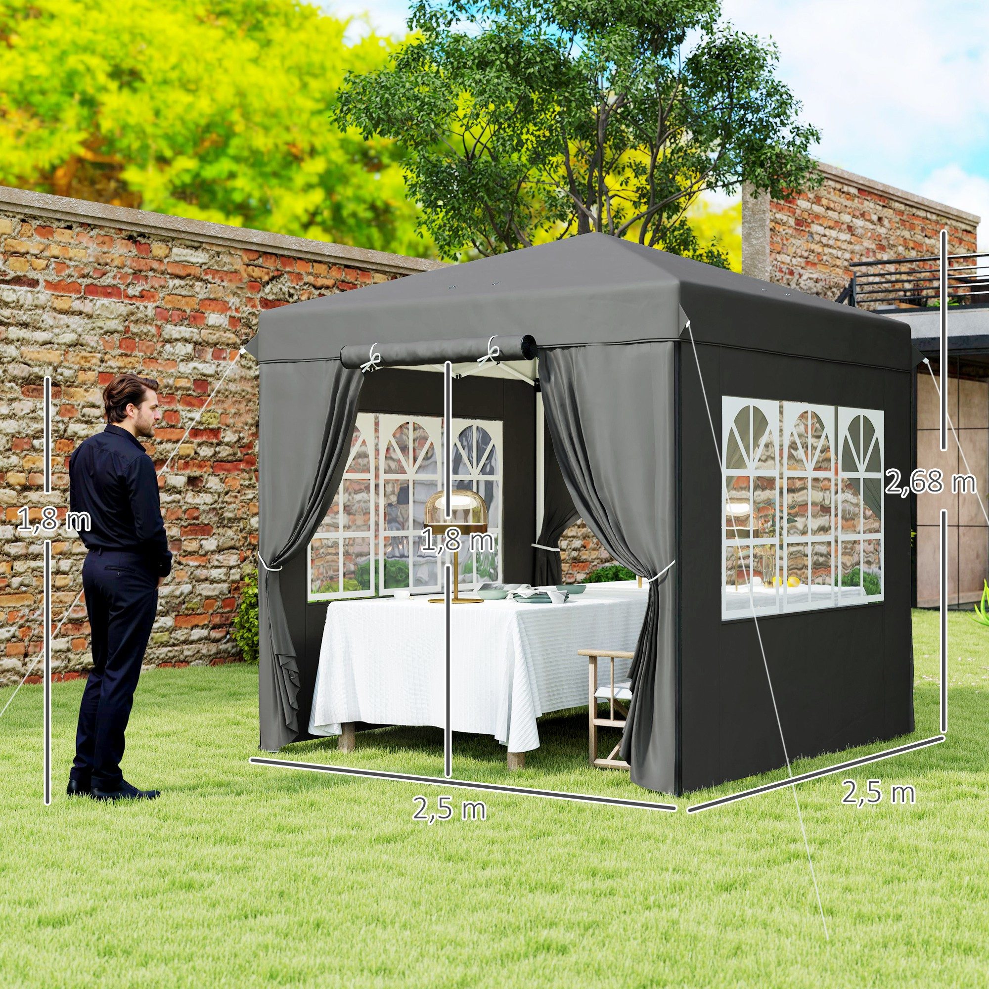 Outsunny Faltpavillon 2,5x2,5m, wasserabweisend stabil winterfest, UV Schutz 50+, faltbar, mit 4 Seitenteilen, (Pop-up Pavillon, Partyzelt), mit 4 Seitenteilen, Tasche, für Camping, Garten, Dunkelgrau