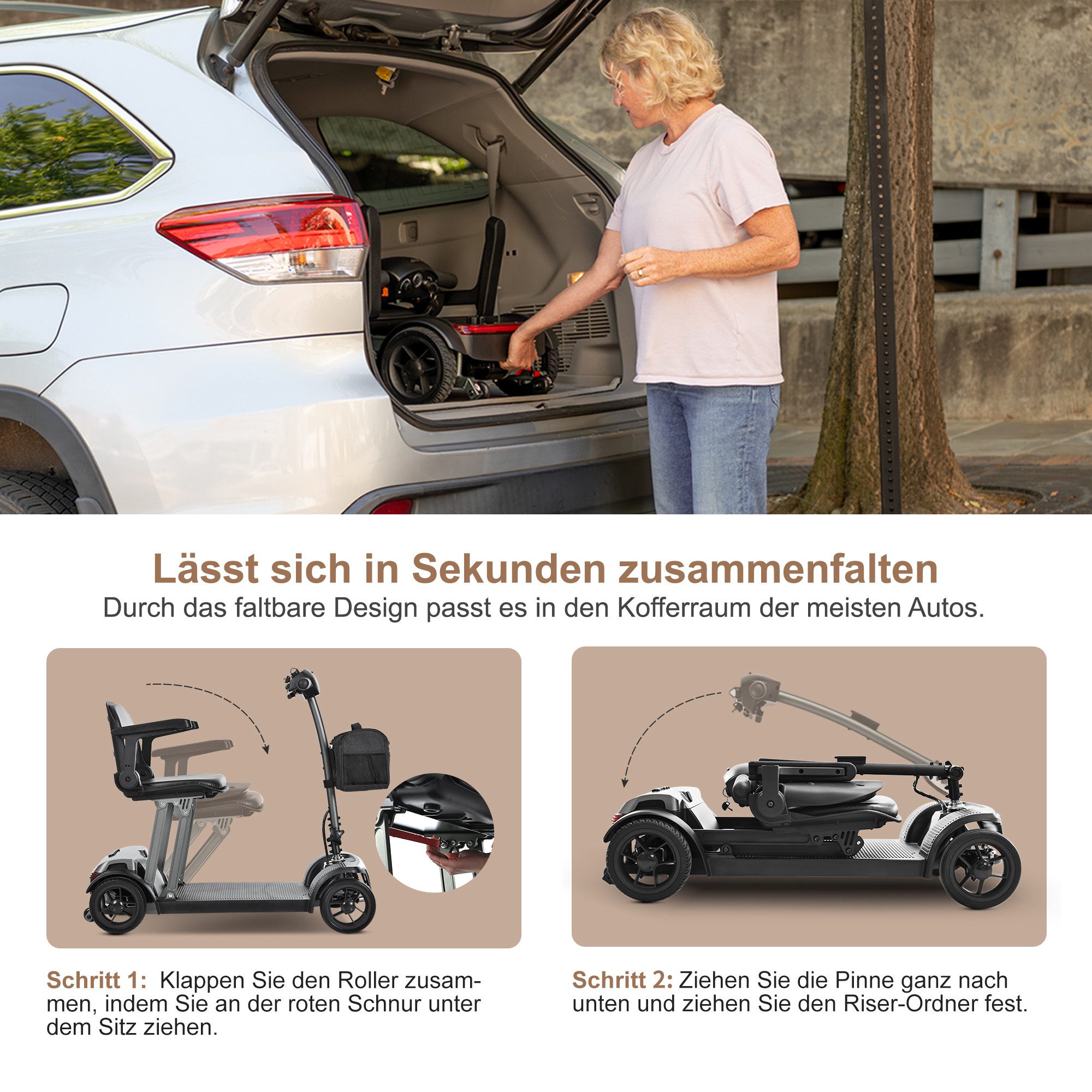 LVHOM Elektromobil Leichtes Elektromobil/Seniorenmobil mit Klappsitz(Reichweite: 25 km), (1-Sek. Klappsitz, Flugzeug-taugl. Akku (20Ah), LED-Beleuchtung, bürstenloser Motor, elektromagn. Bremse, 8-Zoll-Vollreifen, verstellbarer Lenker, USB-Anschluss), Ideal für Einkäufe, Spazierfahrten oder als praktische Reisbegleitung