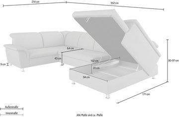 DOMO collection Wohnlandschaft Franzi wahlweise mit Kopfteilverstellung Bettfunktion, Bettkasten, im XXL-Format B/T/H: 352/214/80 cm, Steppung im Sitz, U-Form