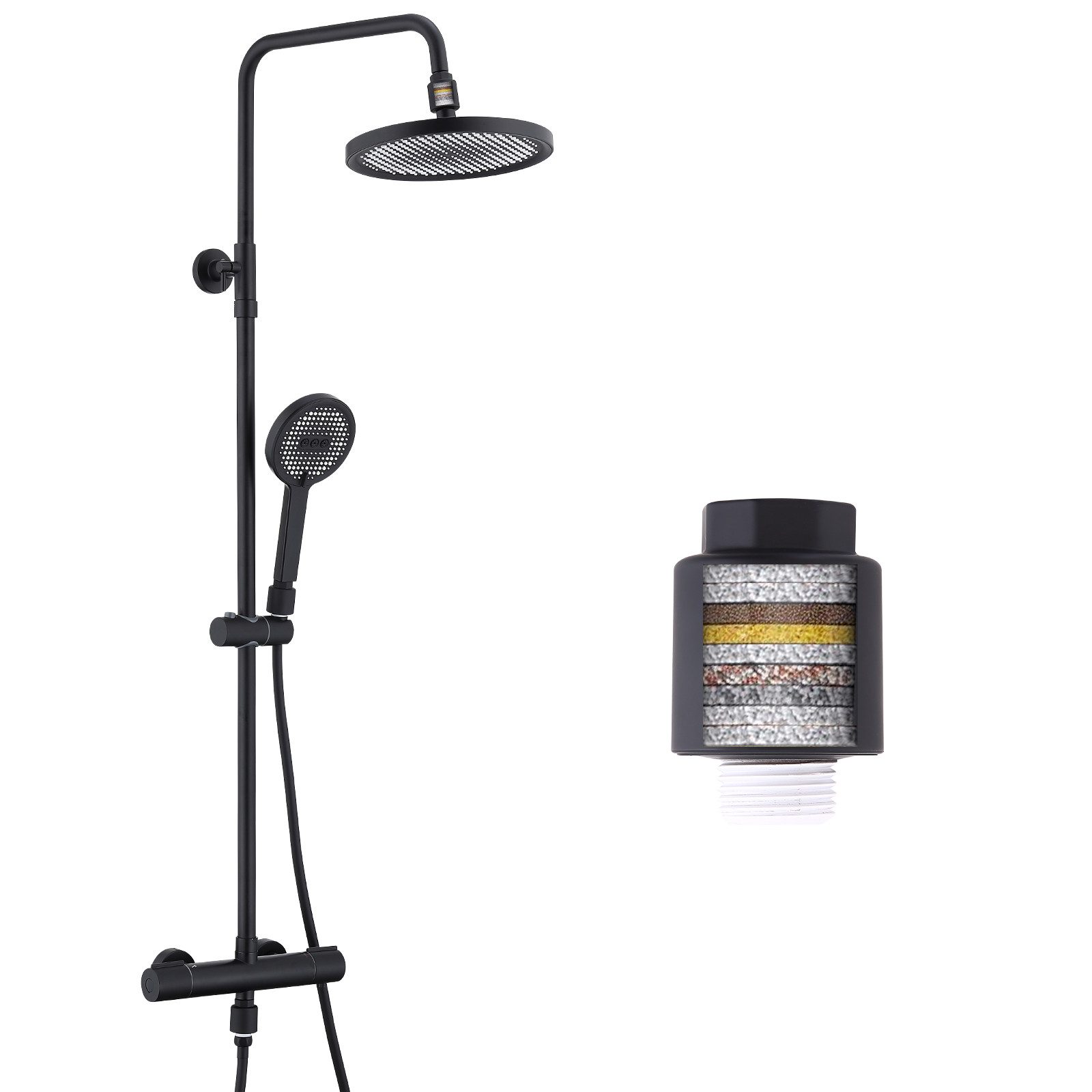 Duschsystem mit Filter & Thermostat Schwarz - Duscharmatur Komplettset