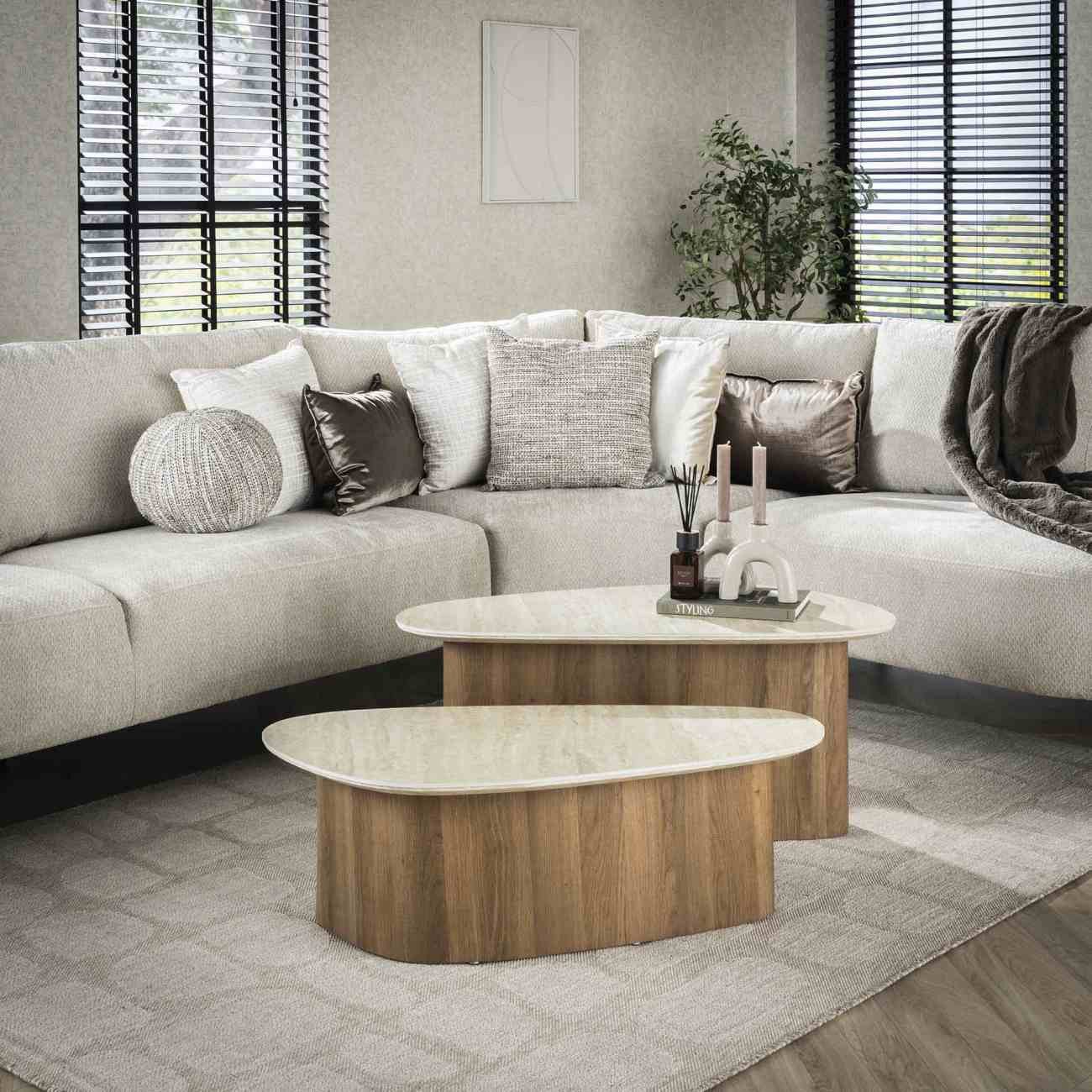 Feeling4Home Couchtisch 2er-Set Couchtisch Joradis - Keramik in Travertin-Optik, Dreieckig (2er-Set), Luxuriöse Keramikplatte in Travertin-Optik, Schweizer Kante