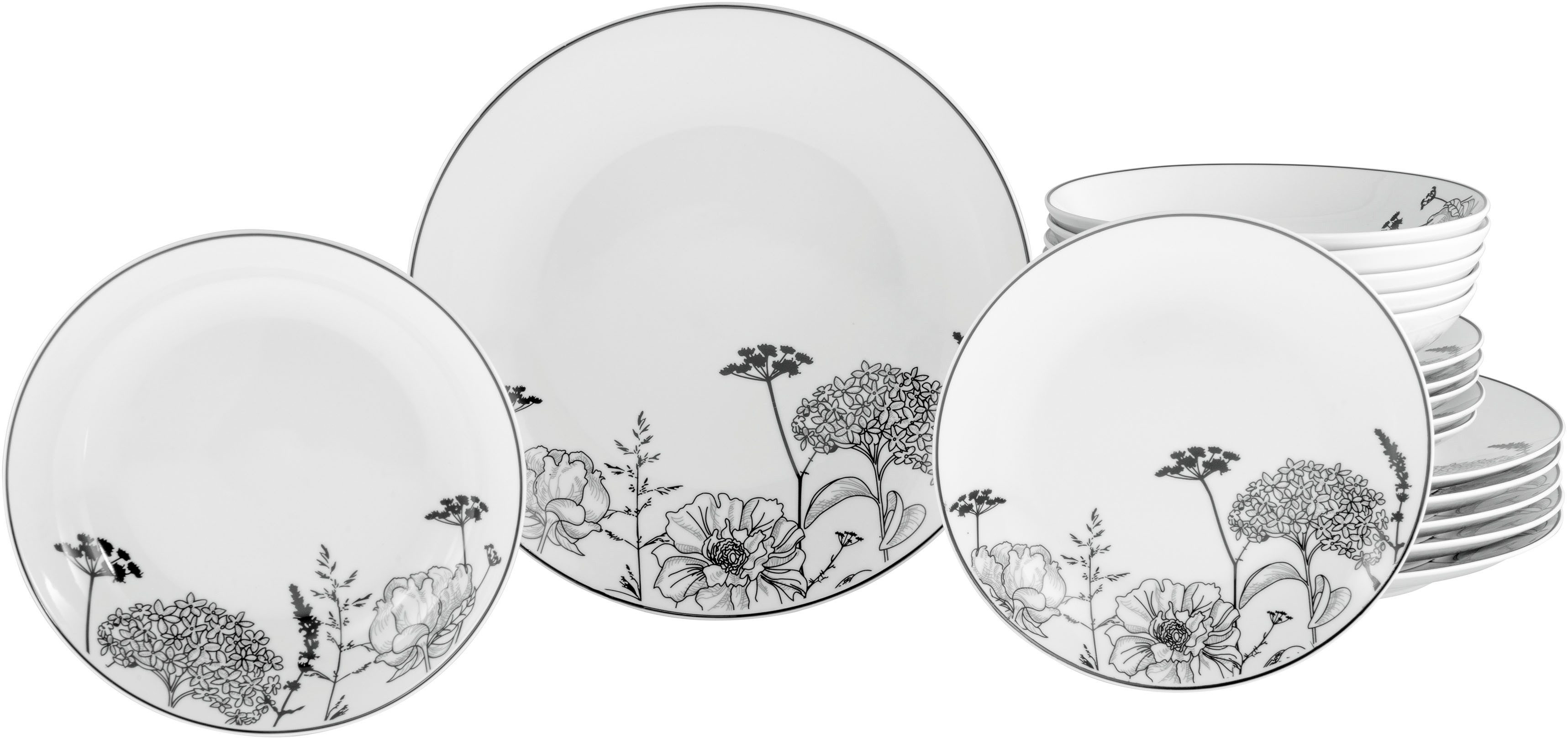CreaTable Тарелки-Set Luna Black Flower, Тарелкиset 18-tlg (18-tlg), 6 Personen, Porzellan, Harmonische Coupeform