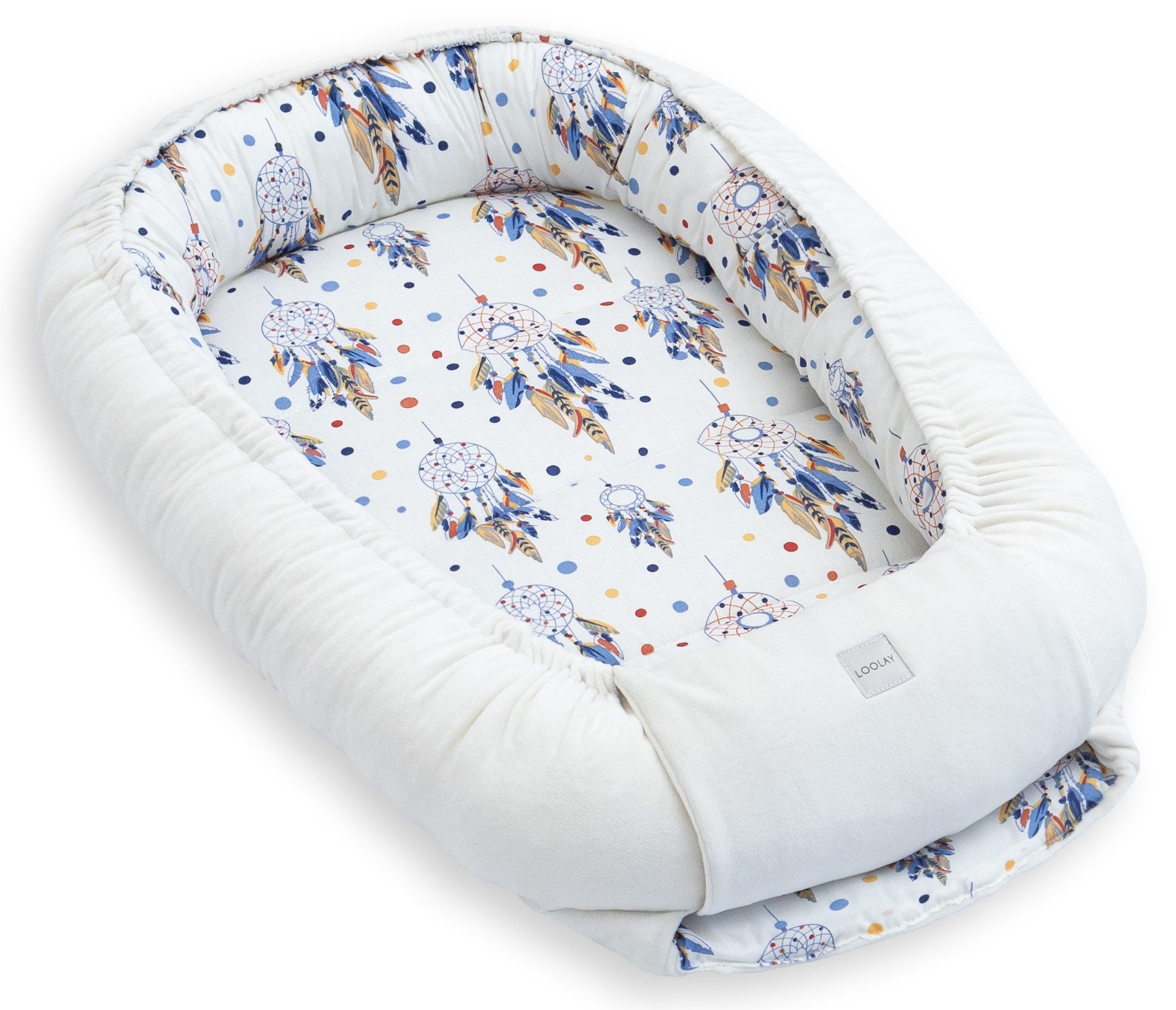 Loolay Kuschelnest BABYNEST SOLO Premium Babyausstattung - Baumwolle & Samt Velours, (MUSTER: ECRU Samt Velour/ Traumfänger Ecru, 1-tlg., Liebevoll handgefertigt Nestchen! Geborgenheit Komfort für Neugeborene), Premium Ausstattung - 100% Europäische Stoffe und Kleinserien-Nähen!