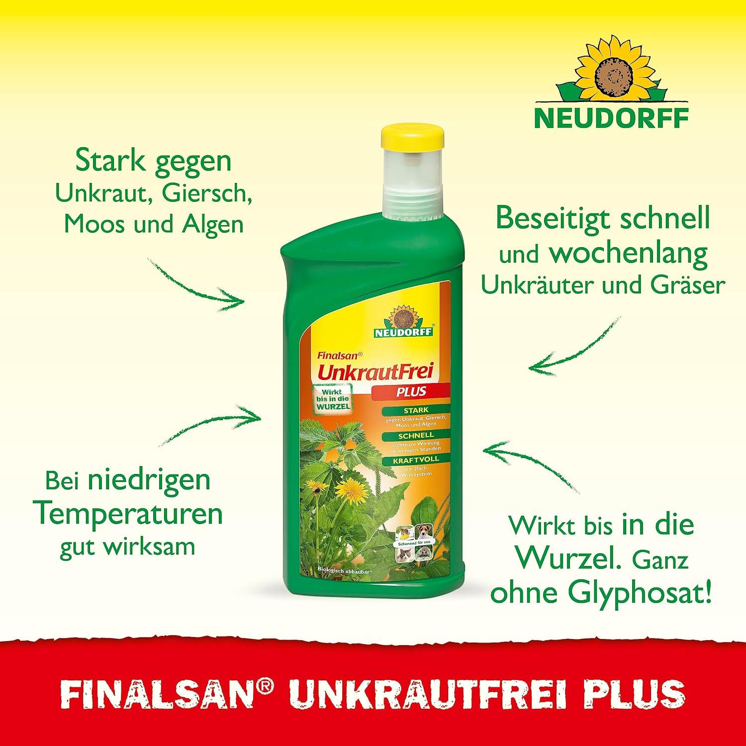 Neudorff Unkrautbekämpfungsmittel Unkrautbekämpfungsmittel Finalsan UnkrautFrei Plus 1 Liter für 180 m², 1000 ml, 1 St., Glyphosatfreies Unkrautvernichter-Konzentrat mit 2-fach-Wirksystem