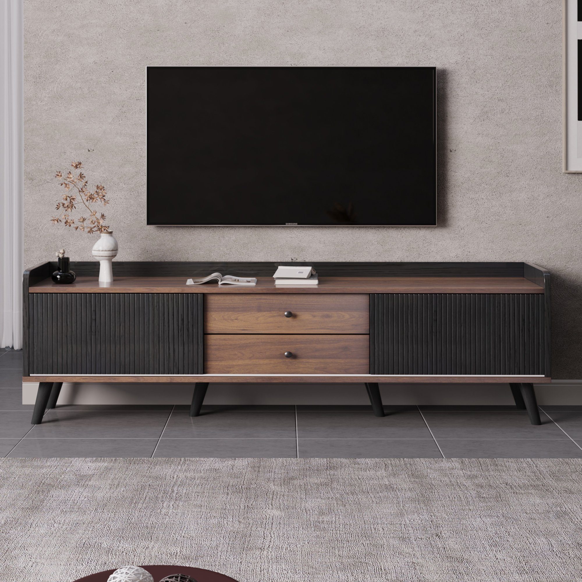 Board TV-Schrank mit Textur mit TV Celya Lowboard Schiebetüren, niedrige TV- zwei Schwarz zwei Exquisite Fernsehtisch Schubladen, Platte