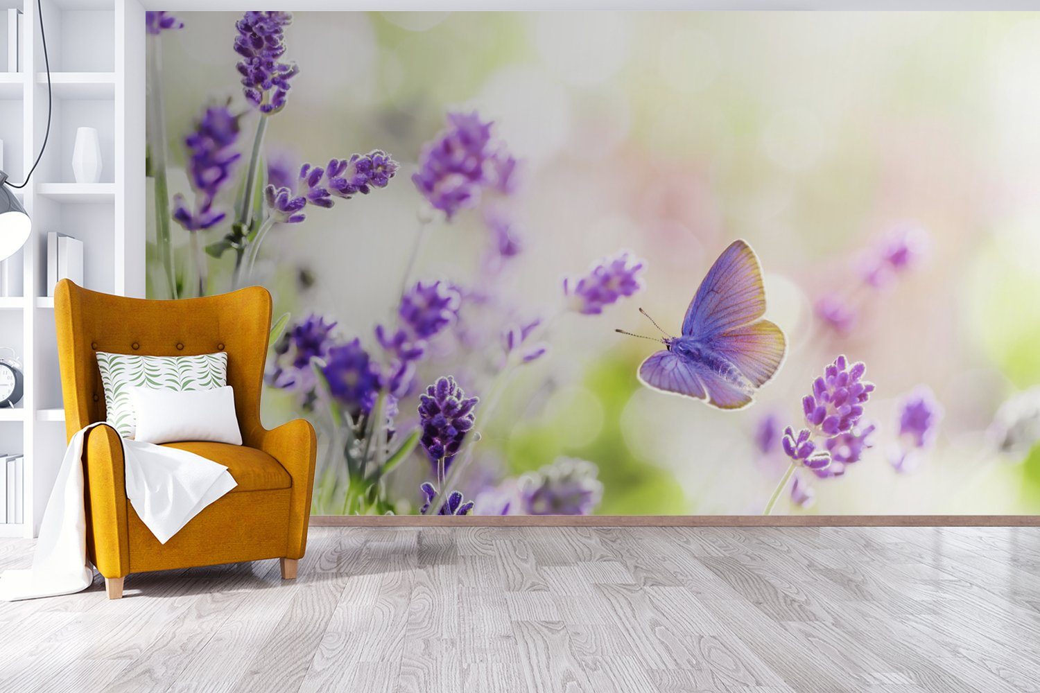 - Natur, bedruckt, Fototapete Wohnzimmer Lavendel Schmetterling Vliestapete - Matt, Küche, (7 Blumen MuchoWow - Fototapete Schlafzimmer St), für