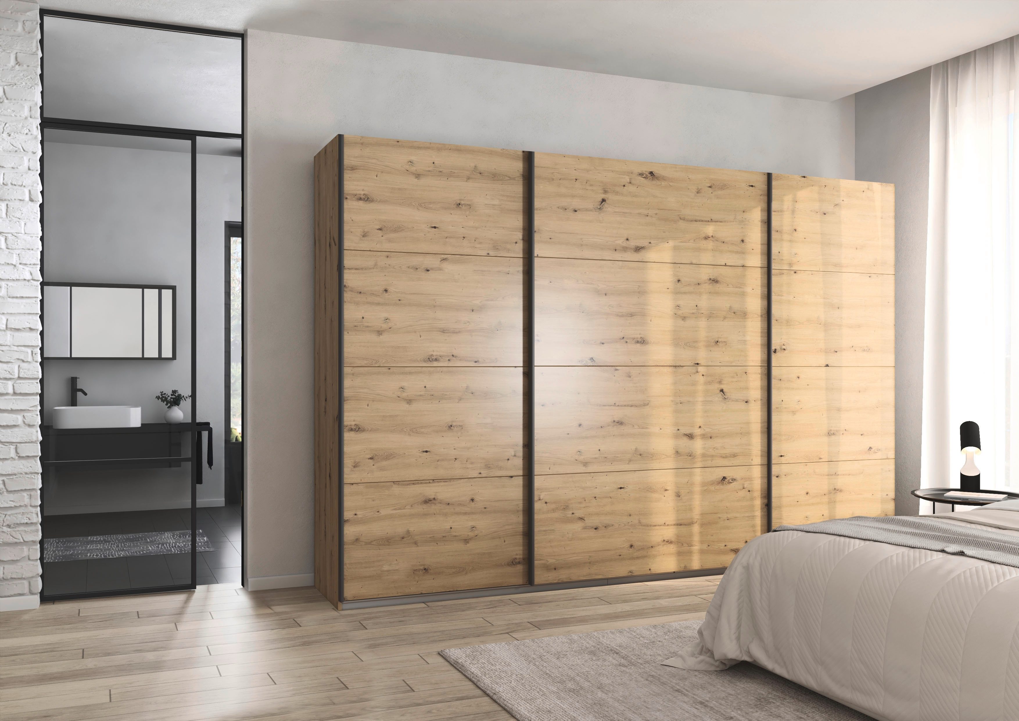 OTTO home Schwebetürenschrank Kleiderschrank Schrank Garderobe AGORDO mit Dekor- oder Hochglanzfront (Breiten 203/271/315/360 cm in drei Griff-Farben - NEU: Farbe SCHWARZ) durchdachte Innenausstattung, in 4 Breiten und 2 Höhen MADE IN GERMANY