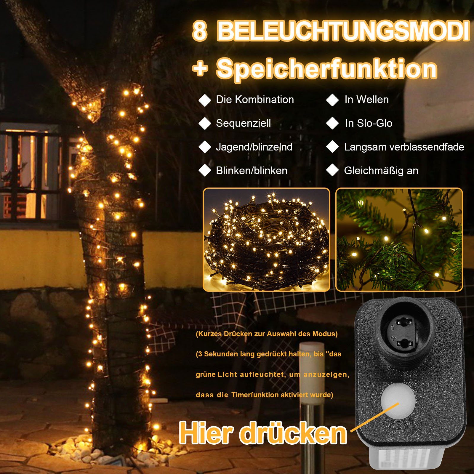 20/50/100M,Schwarzer Energiesparendes, 31V Weihnachtsbaum 500-flammig, wasserdicht Draht,Outdoor Garten, LED-Lichterkette Sunicol