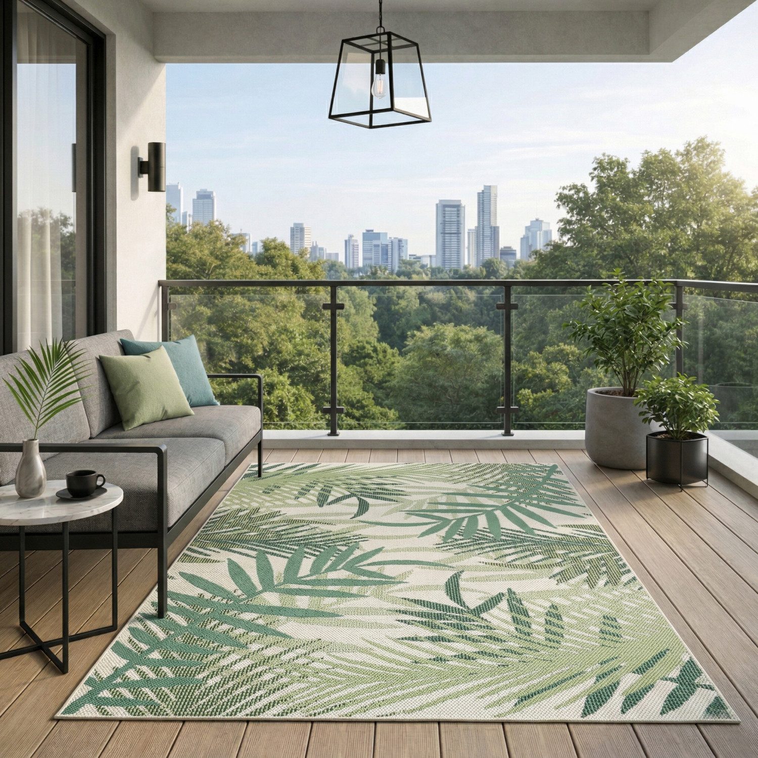 Vimoda Outdoorteppich Teppich wasserresistent In- und Outdoor Kurzflor Palmen Muster, Rechteckig, Höhe: 4.5 mm, Outdoorteppich Grün & Schwarz für Terrasse Balko schnell trocknend