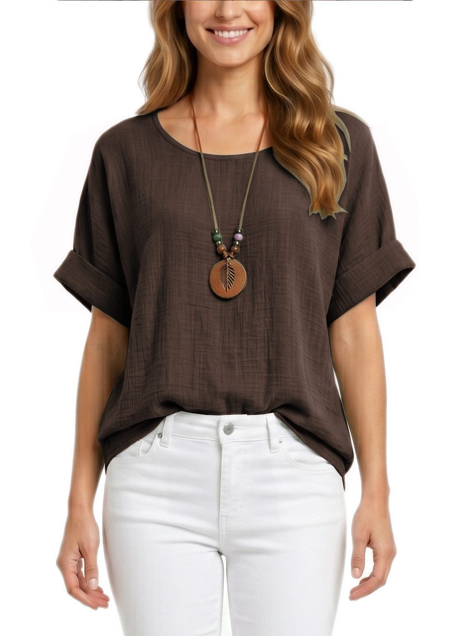 dy_mode Kurzarmbluse Damen Kurzarm Bluse Leichte Sommer Tunika Baumwollbluse Oberteil in Unifarbe, mit passende Kette