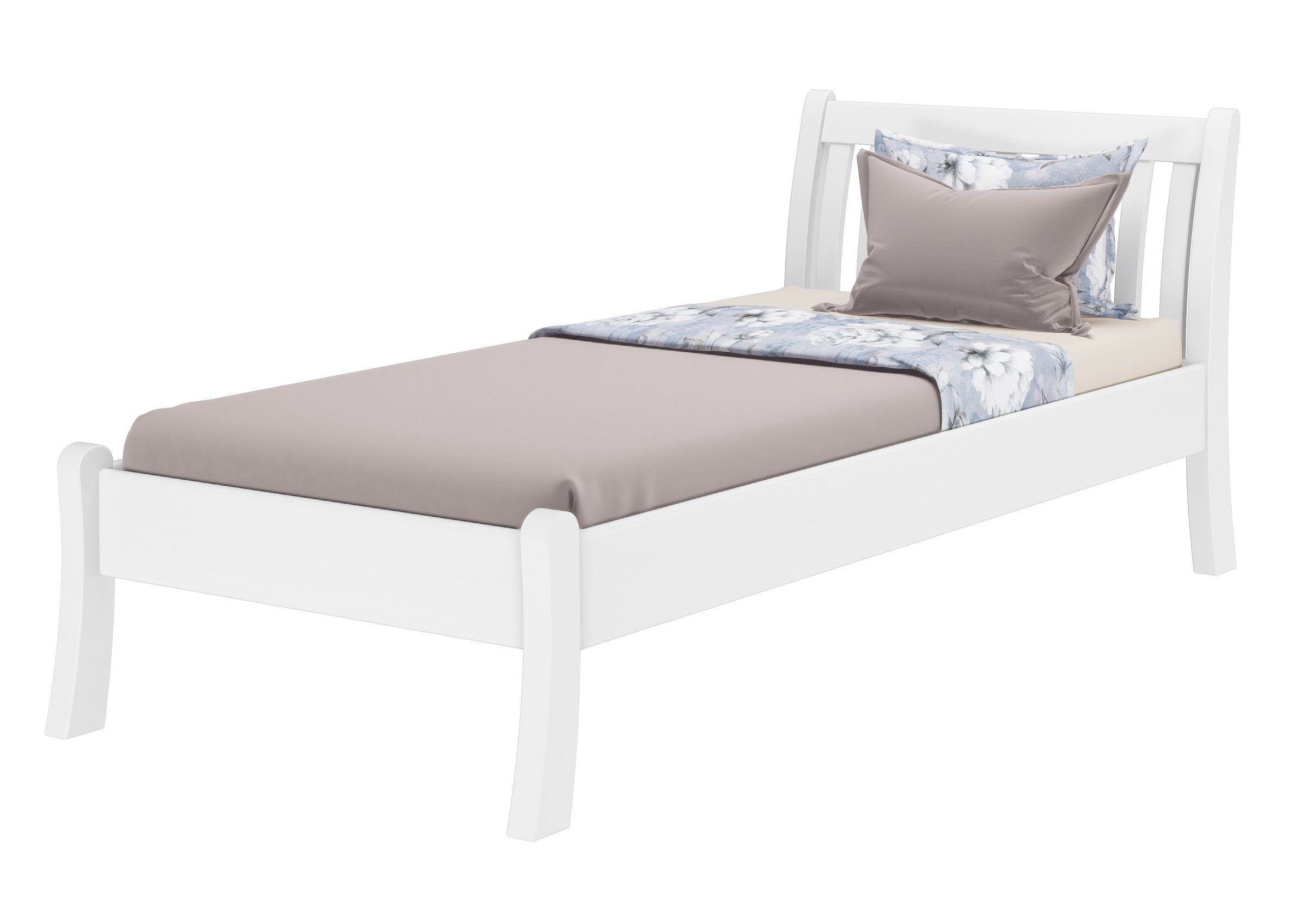 90x200, Weißes Kiefer Einzelbett Sitzkante Kieferwaschweiß romantisches Bett ERST-HOLZ massiv hohe