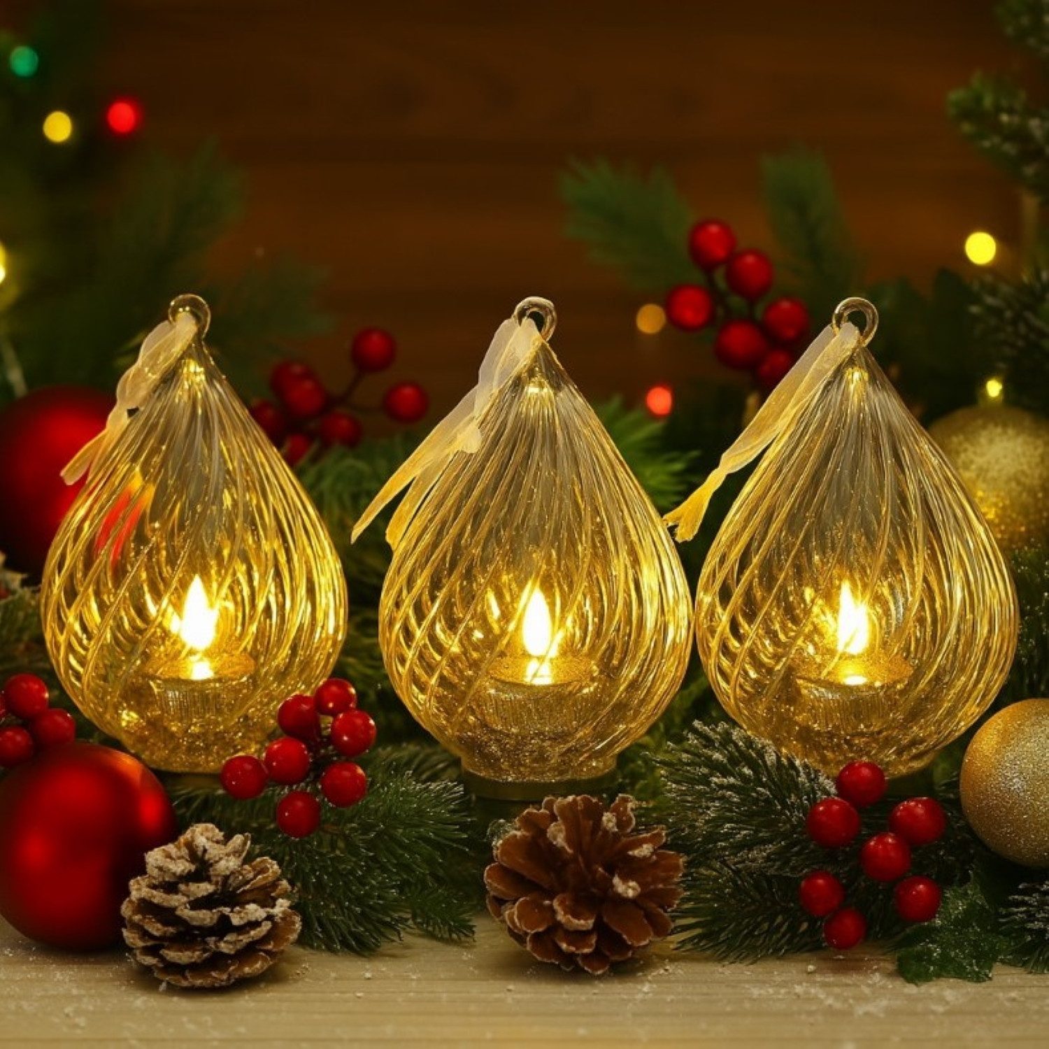 Online-Fuchs LED-Kerze - 3er Set LED Teelichter in einem Glastropfen inklusive Timer (Rot, Blau, Gold und Silber, zum Aufhängen oder Hinstellen), inklusive 6 Stunden-Timerfunktion - Weihnachtsdeko