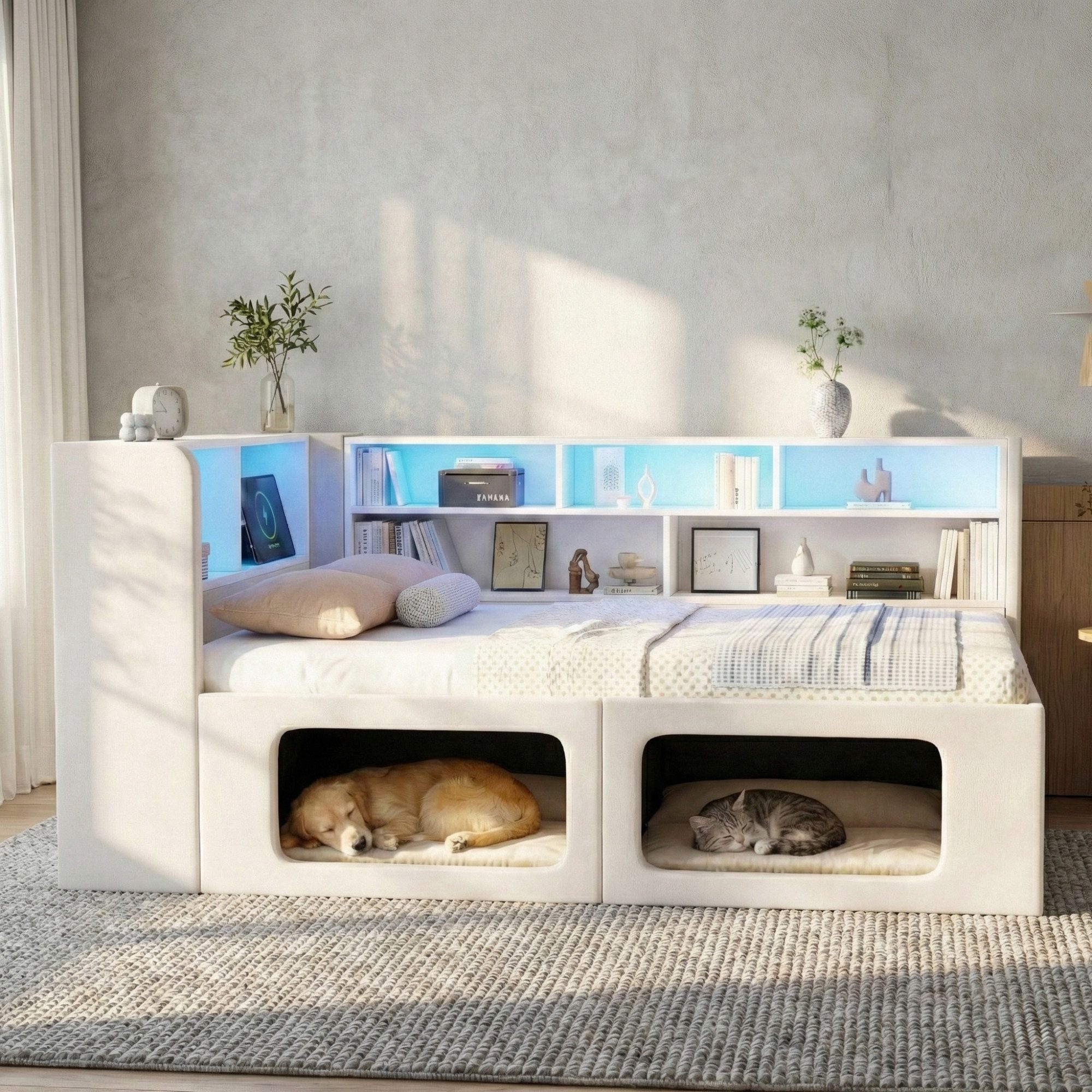 Ulife Bettanlage Daybed mit Tierhaus, 90x200 cm, beige Samt. Inkl. LED, USB & Stauraum., (3-tlg), Stauraum, USB, LED-Beleuchtung & Sicherheitsdesign.