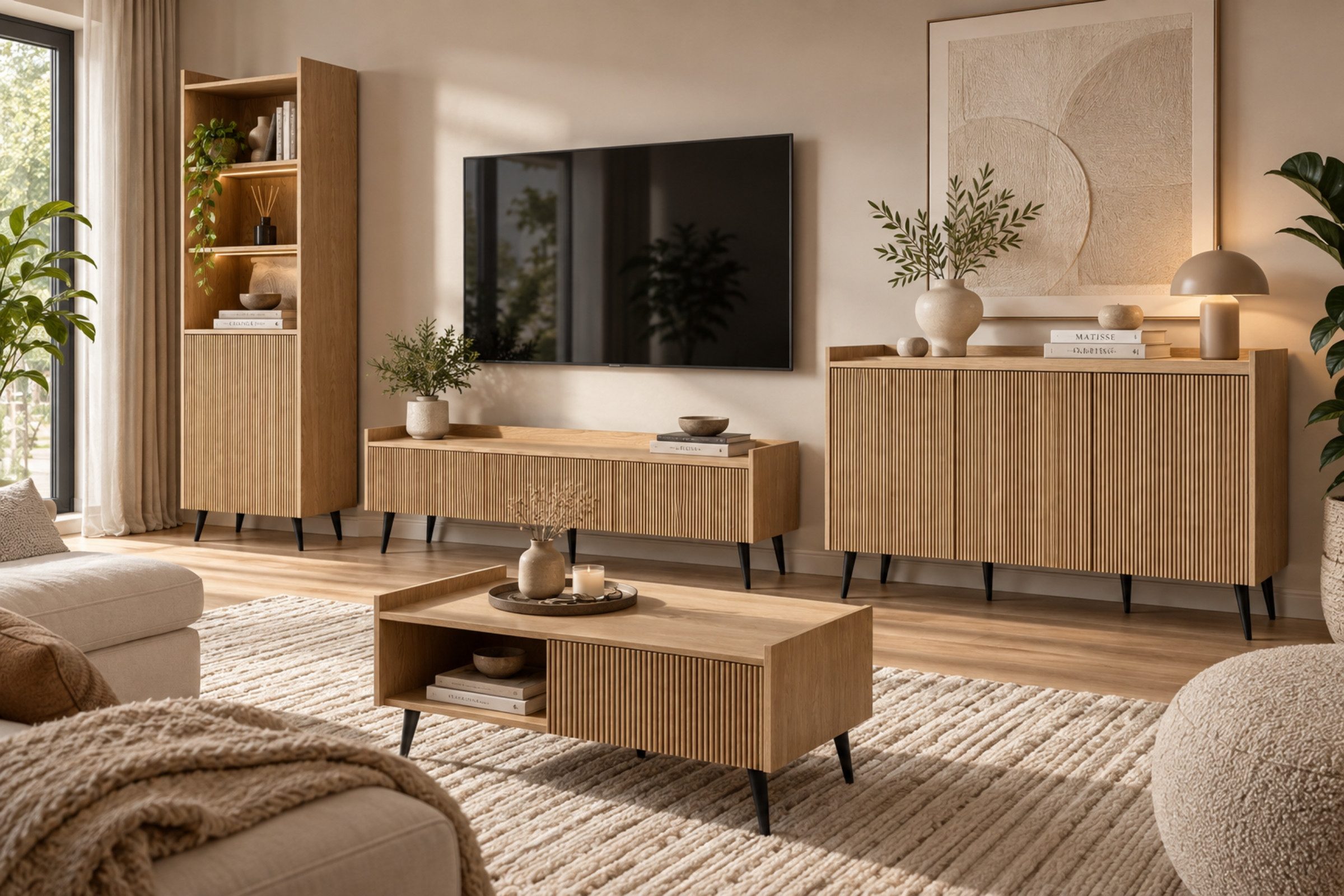 Deine Möbel 24 Wohnzimmer-Set DALIA A mit Kommode, TV-Lowboard, Regal & Couchtisch in Frühlingseiche, (Set, 4-St., DALIA - Kollektion, schwarze Metallfüße), dekorative Riffelfronten, grifflose Push-to-Open-Funktion