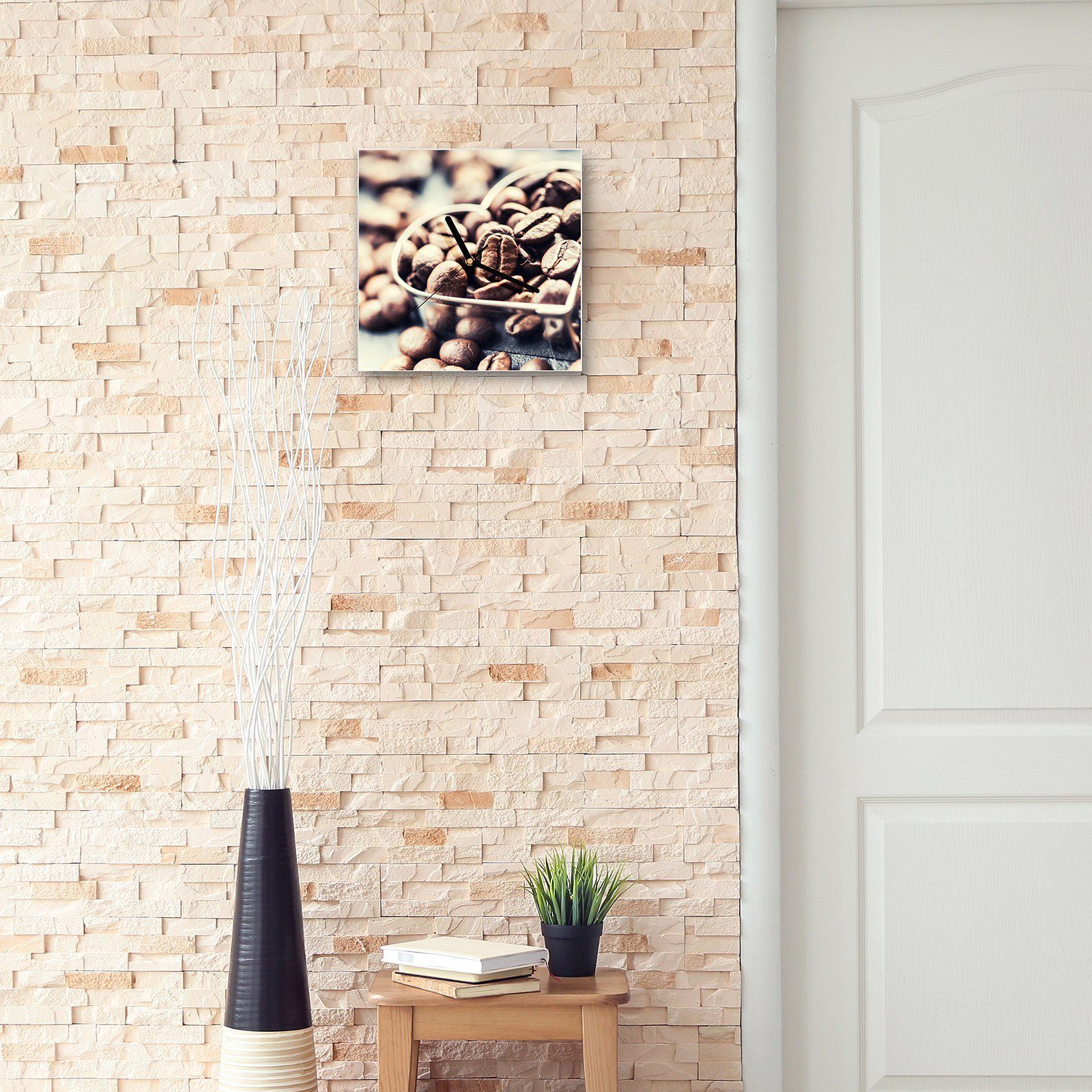 Wandkunst Primedeco Glasuhr Größe Kaffeebohnen mit Wanduhr Wanduhr aus Motiv Herz x 30 cm 30