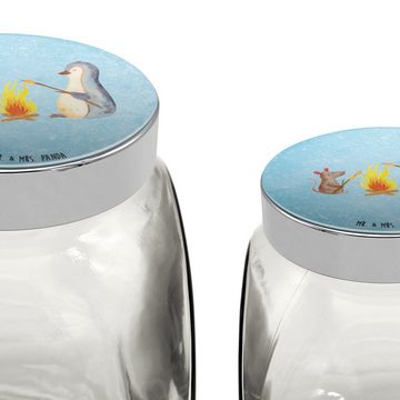 Mr. & Mrs. Panda Vorratsglas L 870ml Pinguin Lagerfeuer - Eisblau - Geschenk, Snackdose, Maus, Süß, Premium Glas, (1-tlg), Exklusive Motive