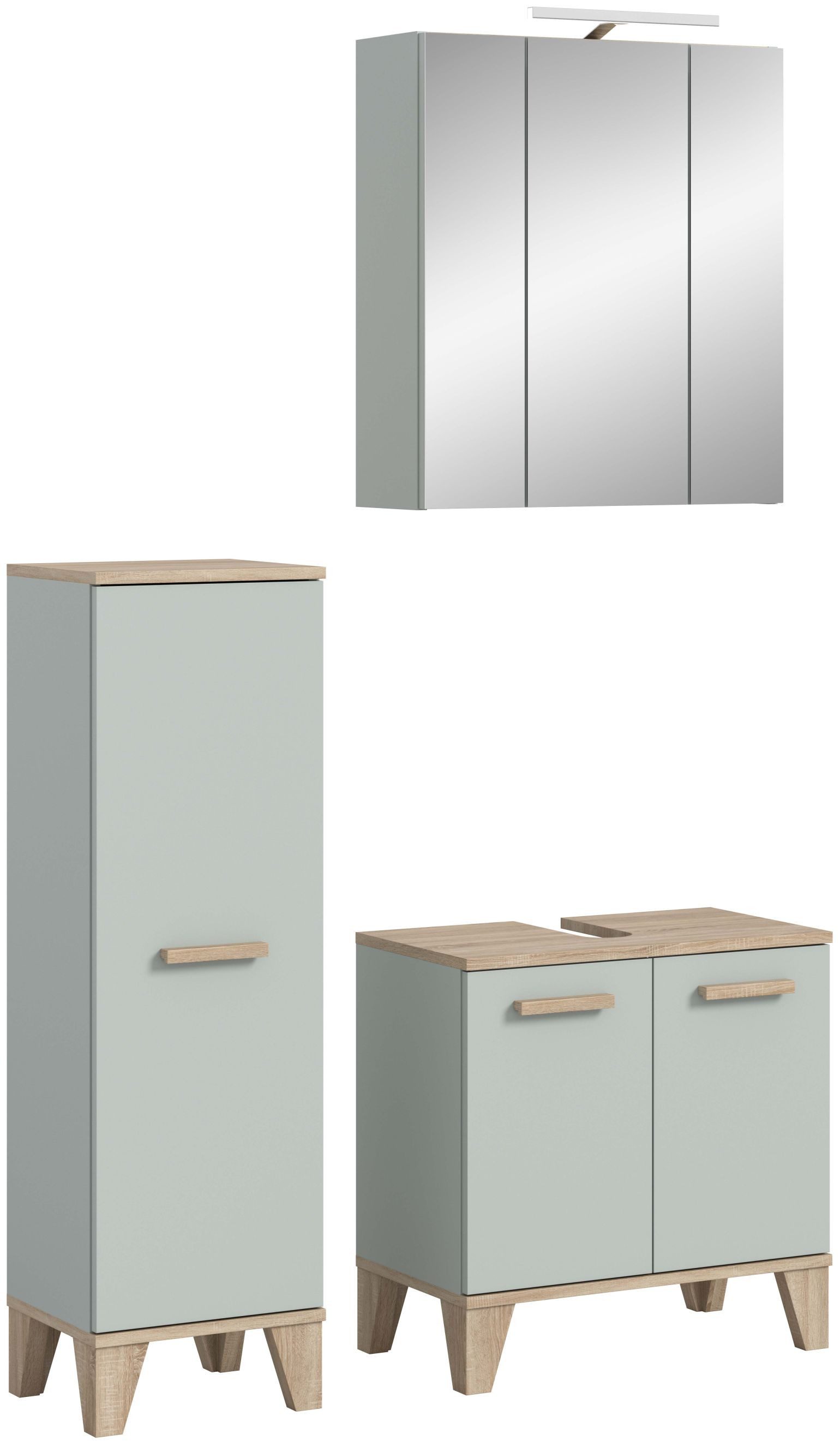 xonox.home Badmöbel-Set Star, (3-tlg. Badmidischrank, Waschbeckenunterschrank, Spiegelschrank), inkl. Aufsatzleuchte in hellgrün B/H/T ca.: 109 x 190 x 34 cm