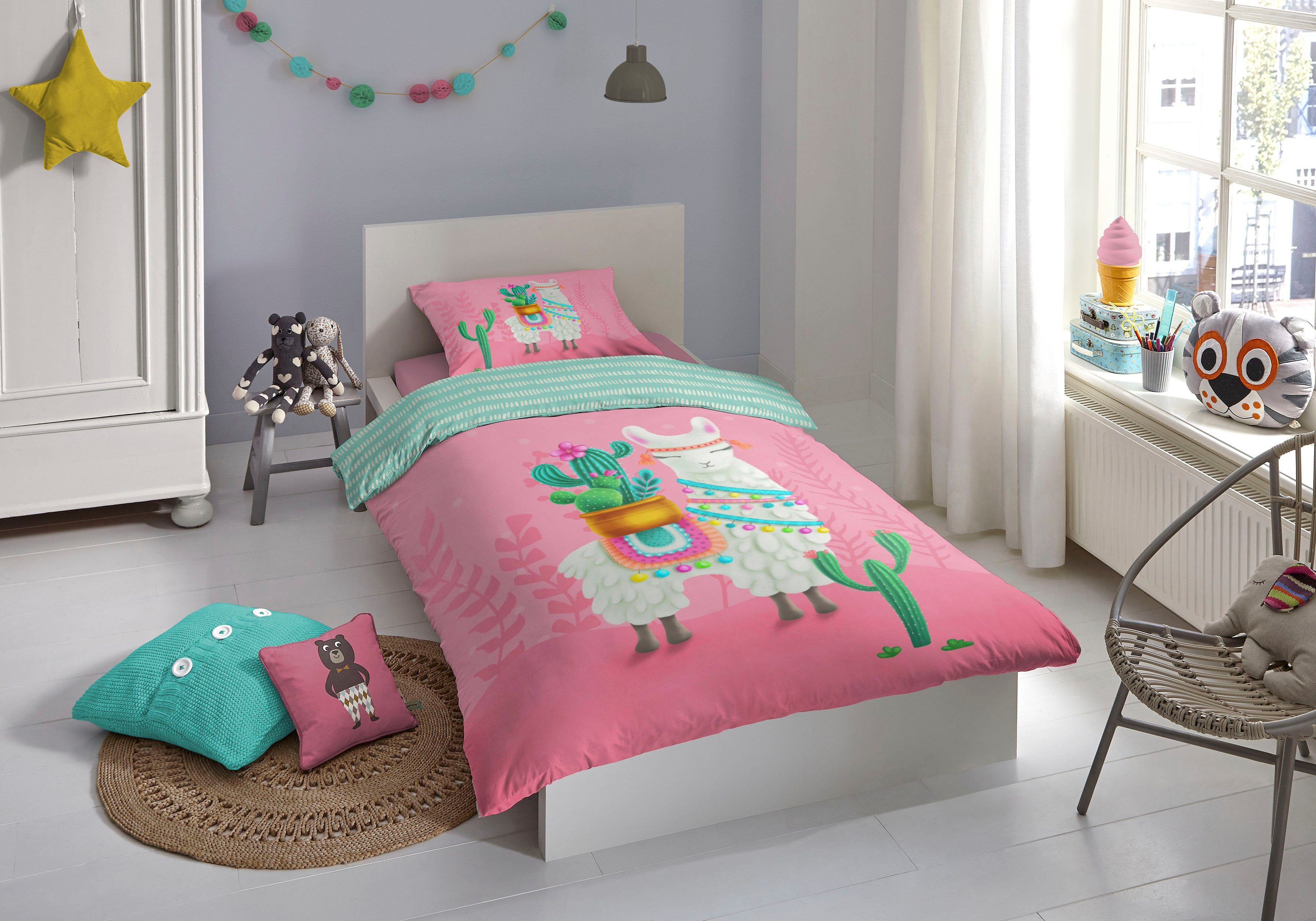 good morning Kinderbettwäsche Lalama, Renforcé, 2 teilig, Baumwolle, 135x200, Reißverschluss, Wende, Kind, Mädchen, Lama, Rosa