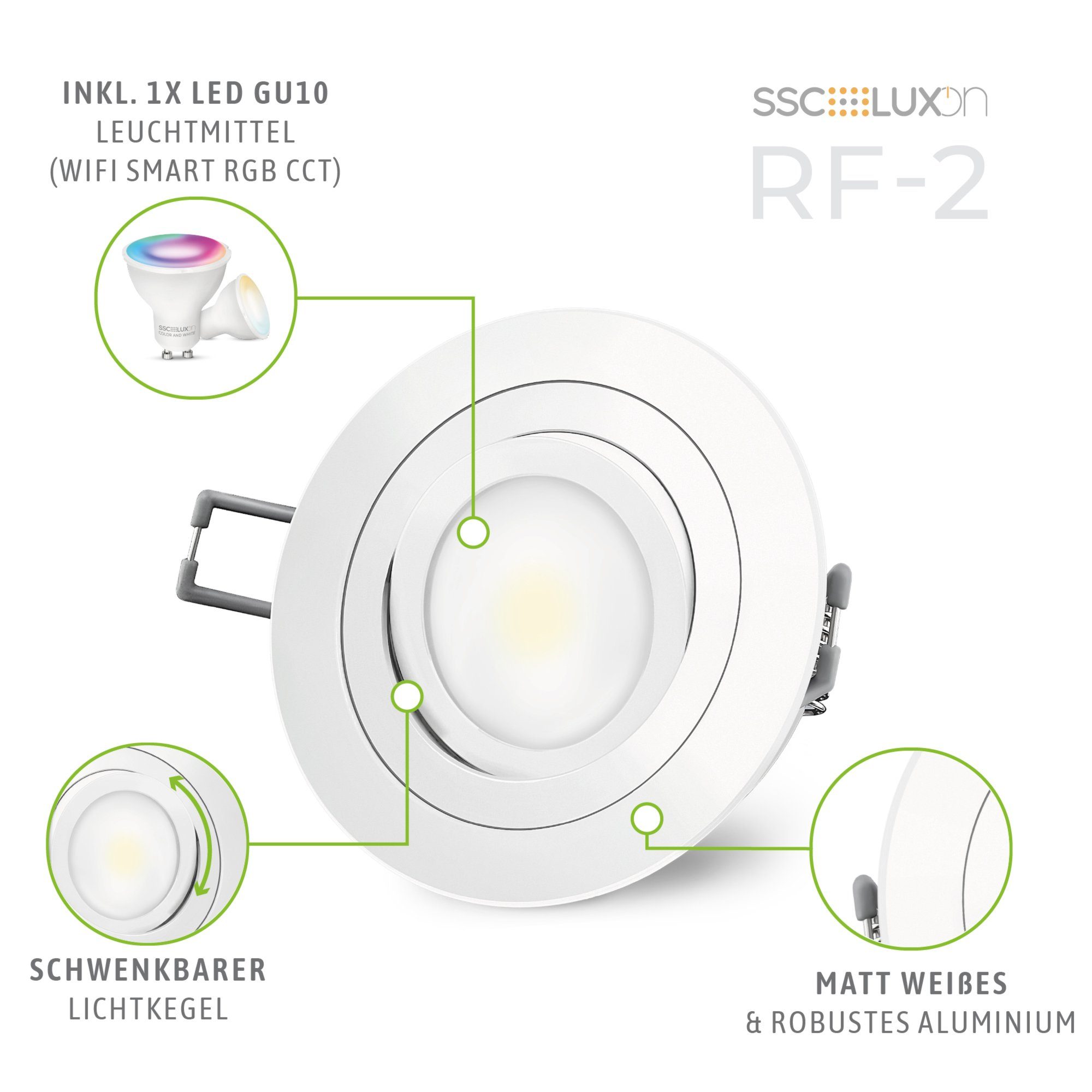 schwenkbar WLAN Einbaustrahler RF-2 5W mit Lampe LED RGB GU10, SSC-LUXon RGB LED Einbaustrahler