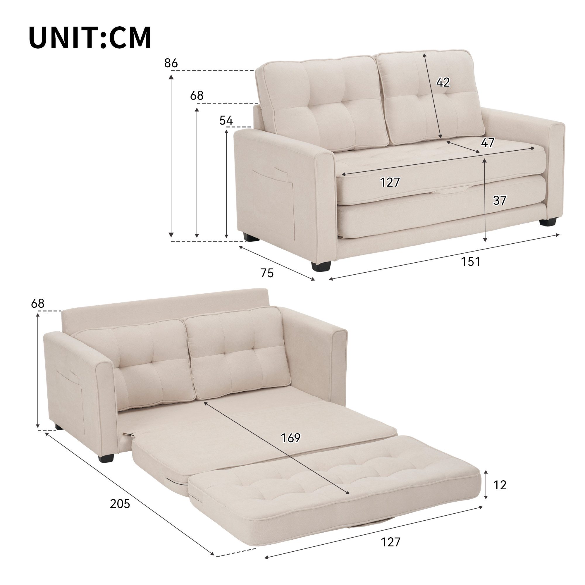 Ulife Schlafsofa Modernes 2-Sitzer-Sofa mit Seitenfächern, günstig online kaufen