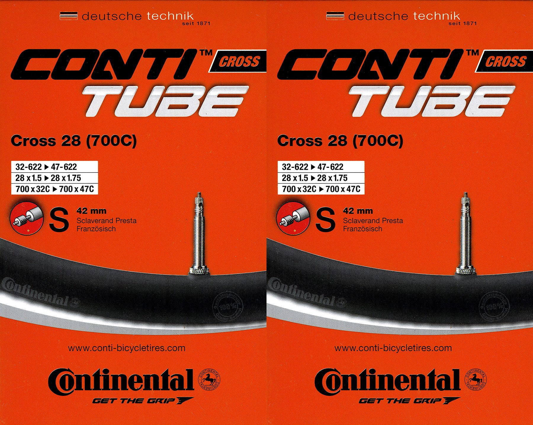CONTINENTAL Fahrradschlauch 2x Continental Cross 28 (700C) Schlauch 28 Zoll SV (32/47-622) SV 42mm, 1,50, 1,75, 1,40, 1,60, 2 1/4, 1,25, 1,35, (2-St)