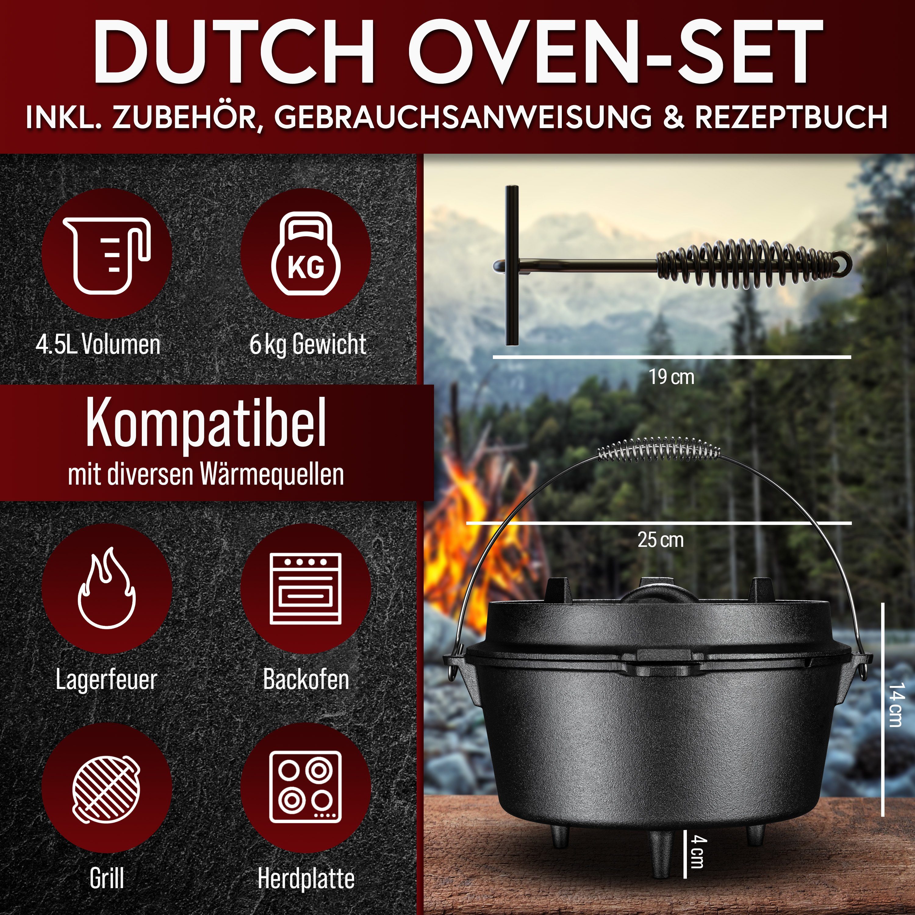 mit und GUSSKÖNIG Oven Dutch [4.5L] - Füßen Deckelheber GUSSKÖNIG praktischem Grilltopf