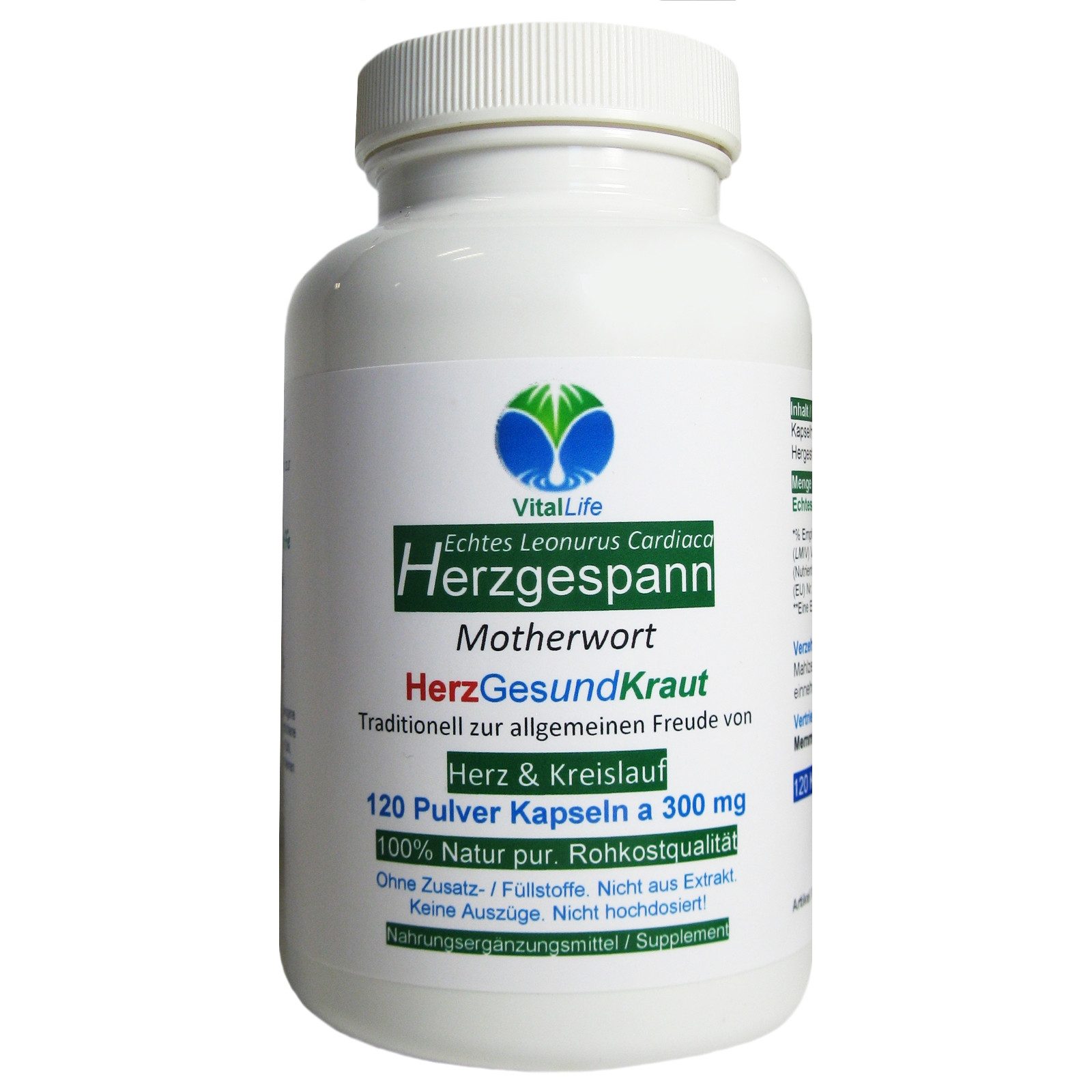 VitalLife Echtes Herzgespannkraut (Motherwort) nach Hildegard von Bingen Kapseln, 1 er Dose à 120 St., 36 g, Art. 26865-120