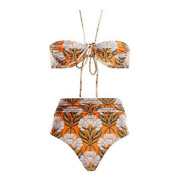 RUZU UG Schwimmanzug Damen Bedrucktes zweiteiliges Badeanzug Neckholder Bikini Gaze Set