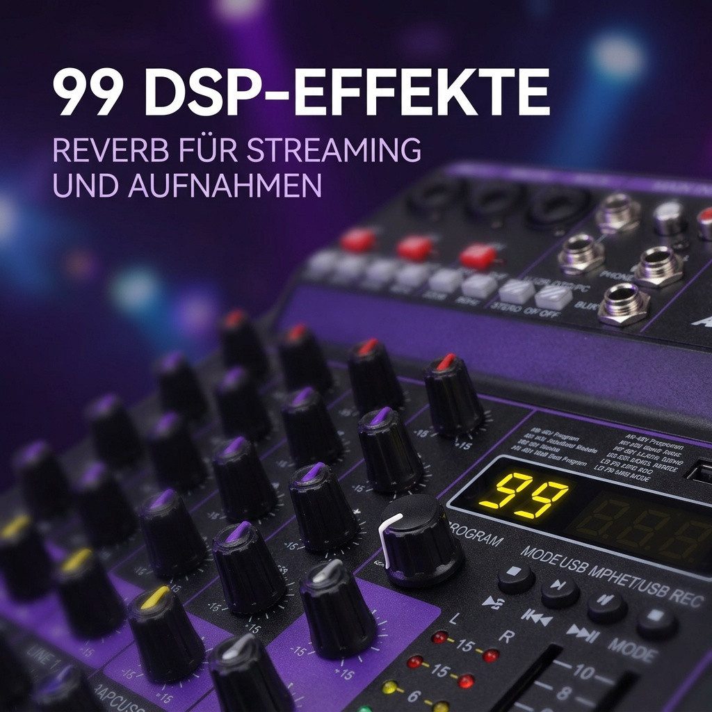 nsihing Mischpult 5-Kanal DSP Digital Mischpult, Audio Mixer mit 99 DSP Effekten, USB, Audio Interface, 48V Phantomspeisung, Bluetooth MP3 Player – Bild 3 von 5