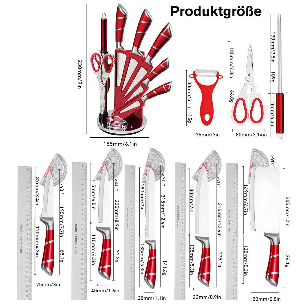 MDHAND Messer-Set 9-teiliges Küchenmesserset aus Edelstahl mit Antihaftklingen (9-tlg), Drehbarer Messerblock inkl. Schärfer, ergonomische Griffe