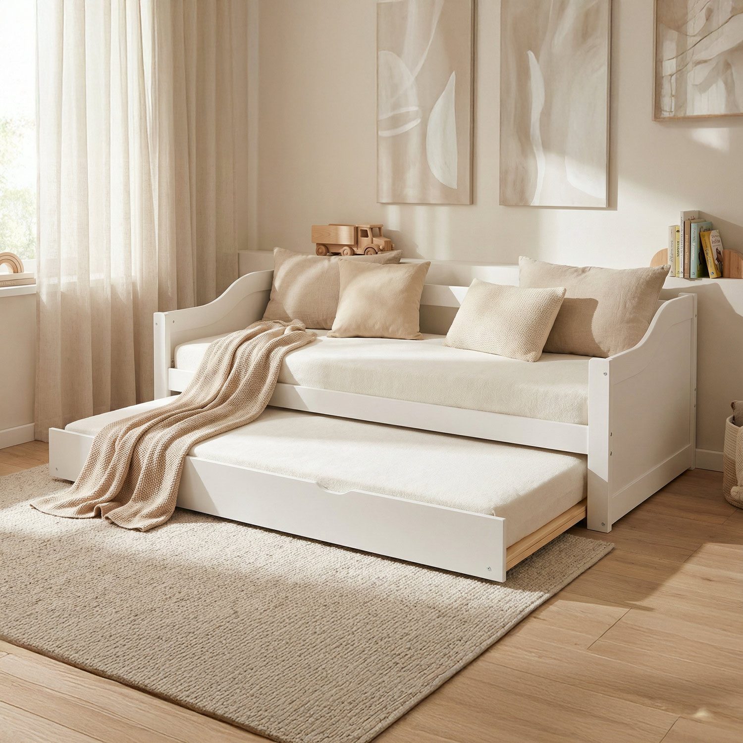 Homestyle4u Ausziehbett 90x200 Holz Gästebett mit Ausziehfunktion 2 Liegeflächen Doppelbett (Komplett-Set mit 2x Lattenrost), 2x 90x200, 2 Personen/Kinder, Stauraumbett