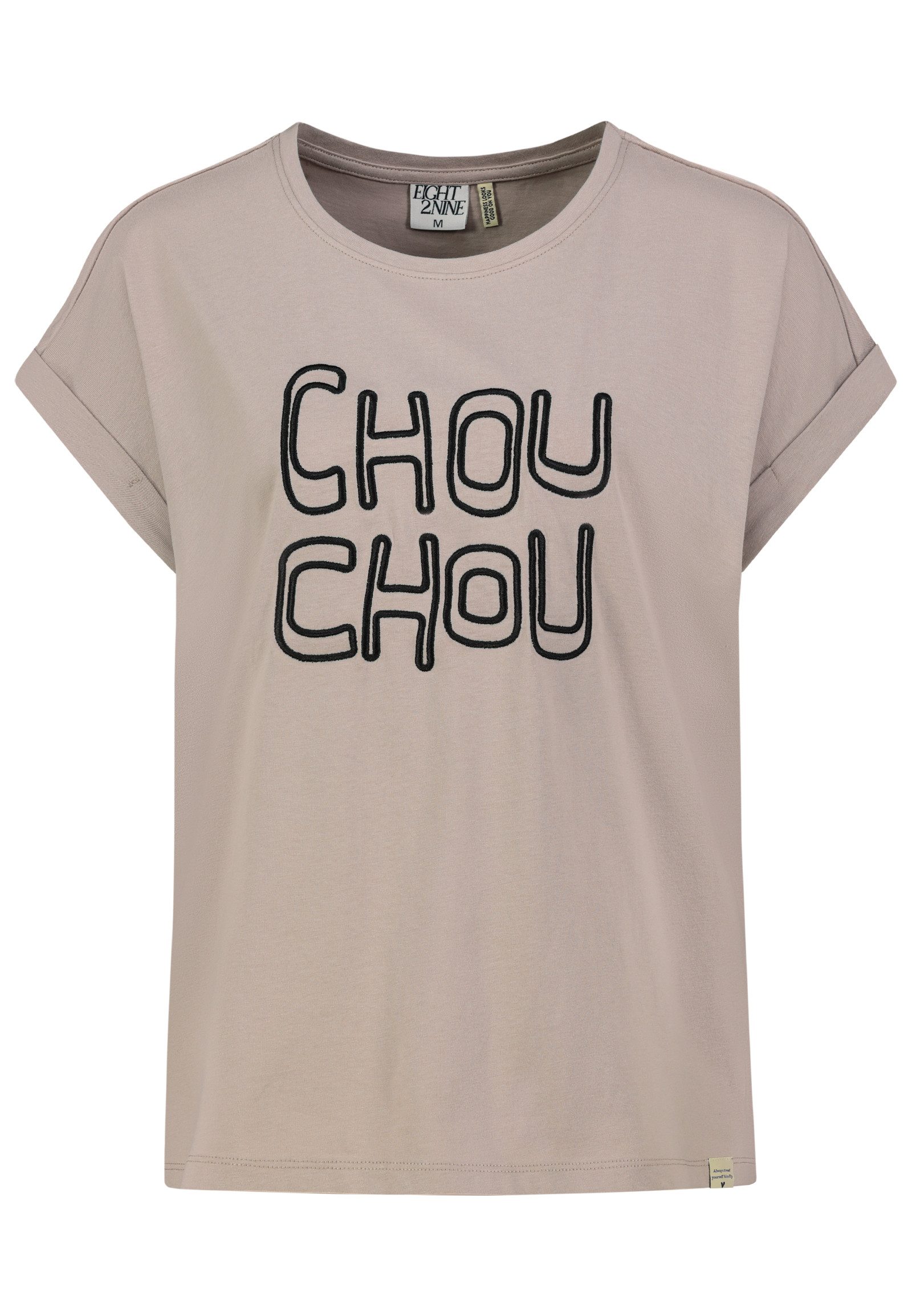 Eight2Nine T-Shirt Damen Baumwollshirt mit Stickmotiv französische Statements, Stickerei, kleiner Print hinten