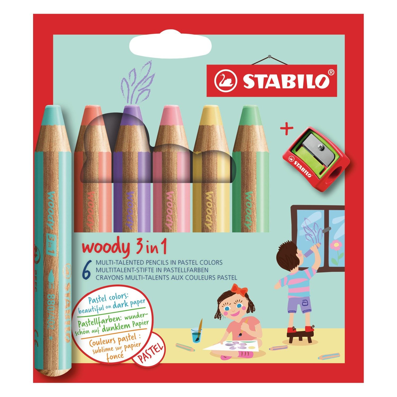 STABILO Wachsmalstift Buntstift Woody 3 in 1 / 6er Kartonetui mit Spitzer / Pastellfarben, (7-tlg)