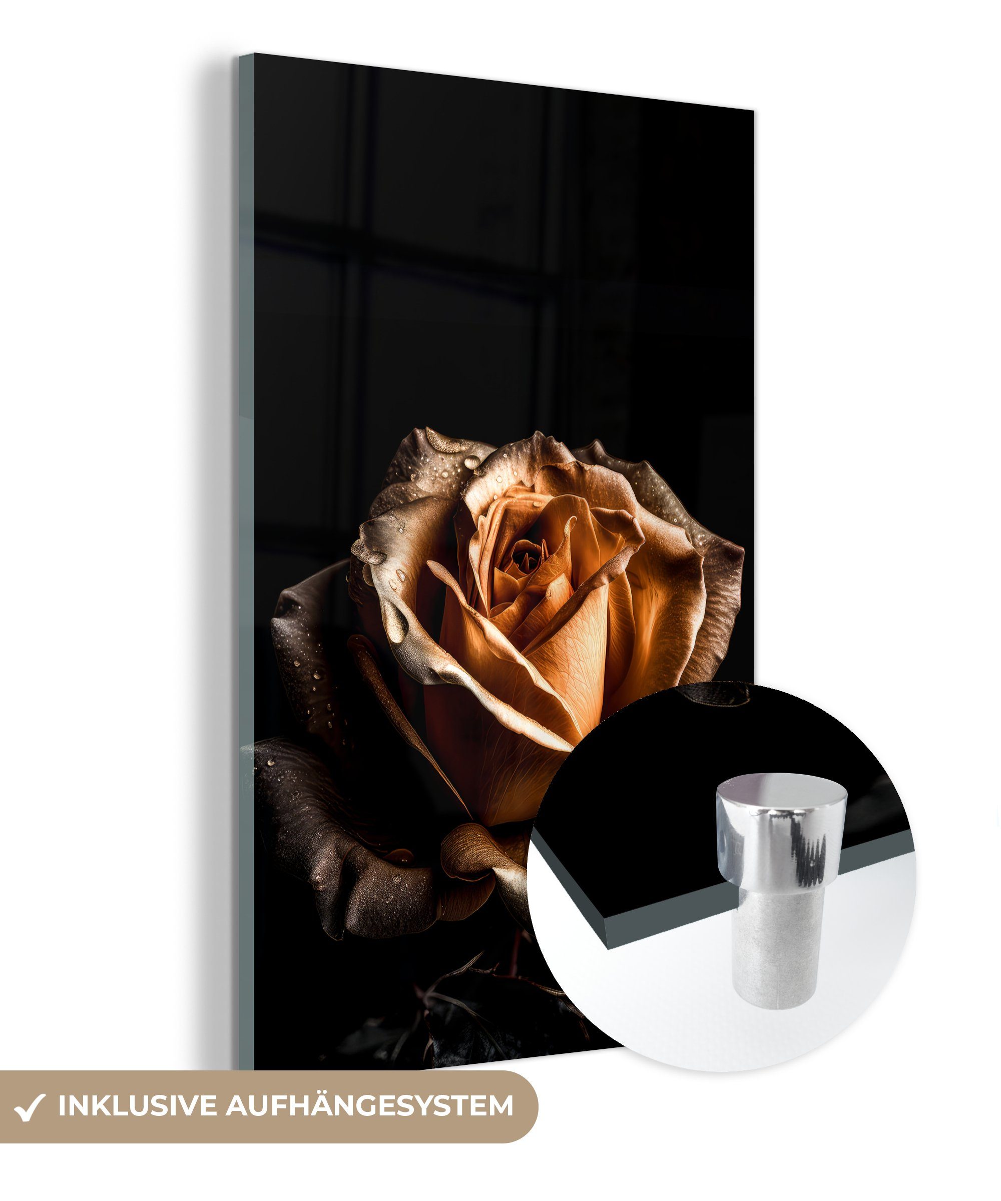 MuchoWow Wandbild Rose - Foto Blumen auf (1 St), - Gold Wanddekoration - Botanisch Schwarz, Glas Glasbilder - Acrylglasbild - Bilder Glas - auf