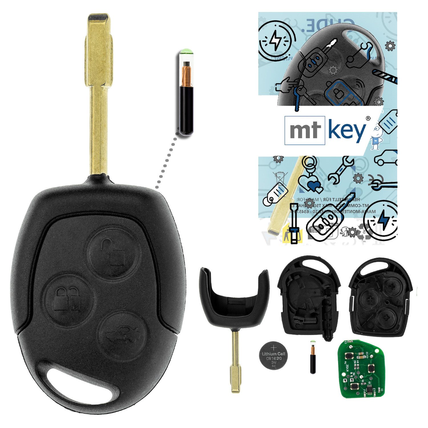 mt-key Schlüsseltasche Auto Funk Schlüssel Fernbedienung FO21 ID60 434MHZ (Set), für Ford Fiesta (IV, 11.01–02); Focus (I, 98–04); KA (RBT I, 02–08...