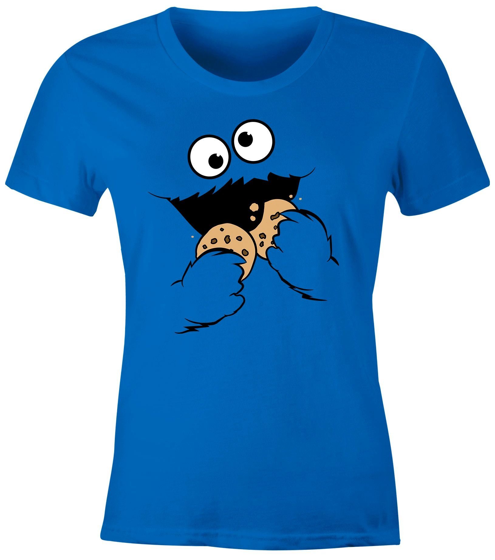 MoonWorks Print-Shirt Damen T-Shirt Krümelmonster Keks Cookie Monster Fasching Karneval Kostüm Slim Fit Moonworks® mit Print