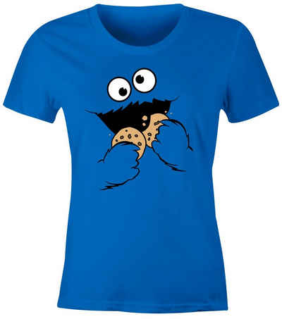 MoonWorks Print-Shirt Damen T-Shirt Krümelmonster Keks Cookie Monster Fasching Karneval Kostüm Slim Fit Moonworks® mit Print
