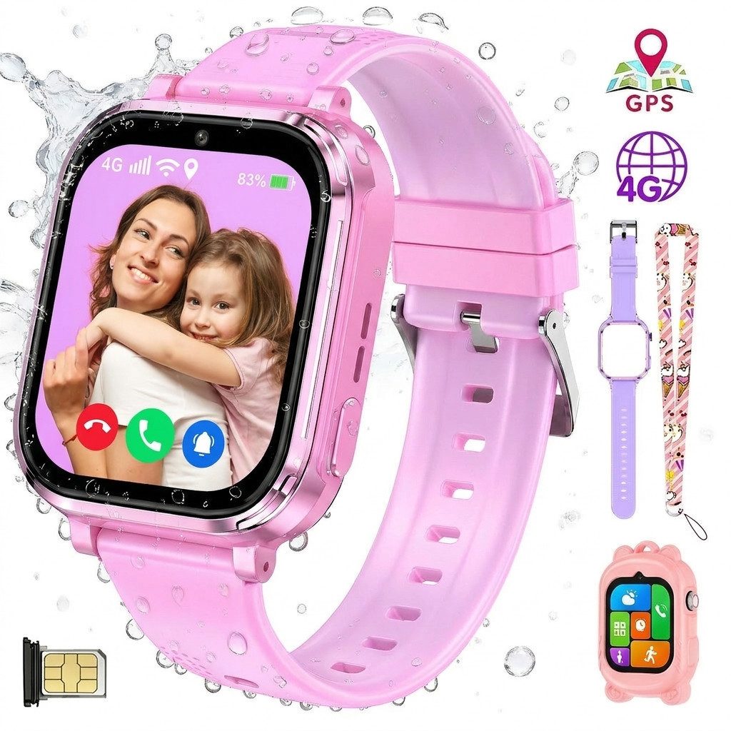Vashoy Kinderuhr T59 Smartwatch Kinder mit GPS,Kindgerecht sicher Smartwatch (5 cm/1.83 Zoll, RTOS/4G (LTE) 4G Telefonfunktionen Smartwatch, 6-tlg., GPS-Ortung, SOS-Notruf, IP67, geschlossenes System ohne App-Store, Schulmodus,Geschenke für Kinder im Alter von 5 bis 16 Jahren