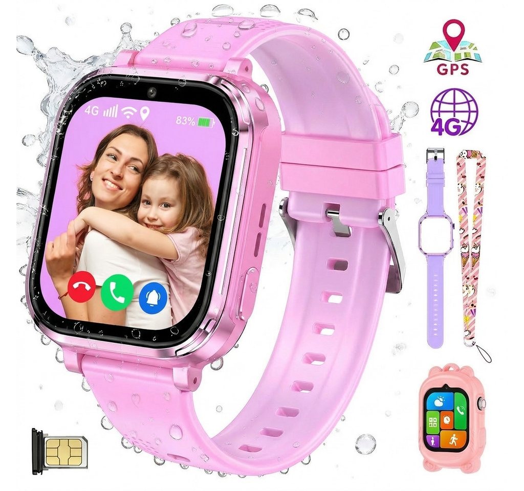 Vashoy Kinderuhr T59/T53 Smartwatch Kinder mit GPS,Kindgerecht sicher Smartwatch (5 cm/1.83 Zoll, RTOS/4G (LTE) 4G Telefonfunktionen Smartwatch, 6-tlg., GPS-Ortung, SOS-Notruf, IP67, geschlossenes System ohne App-Store, Schulmodus,Geschenke für Kinder im