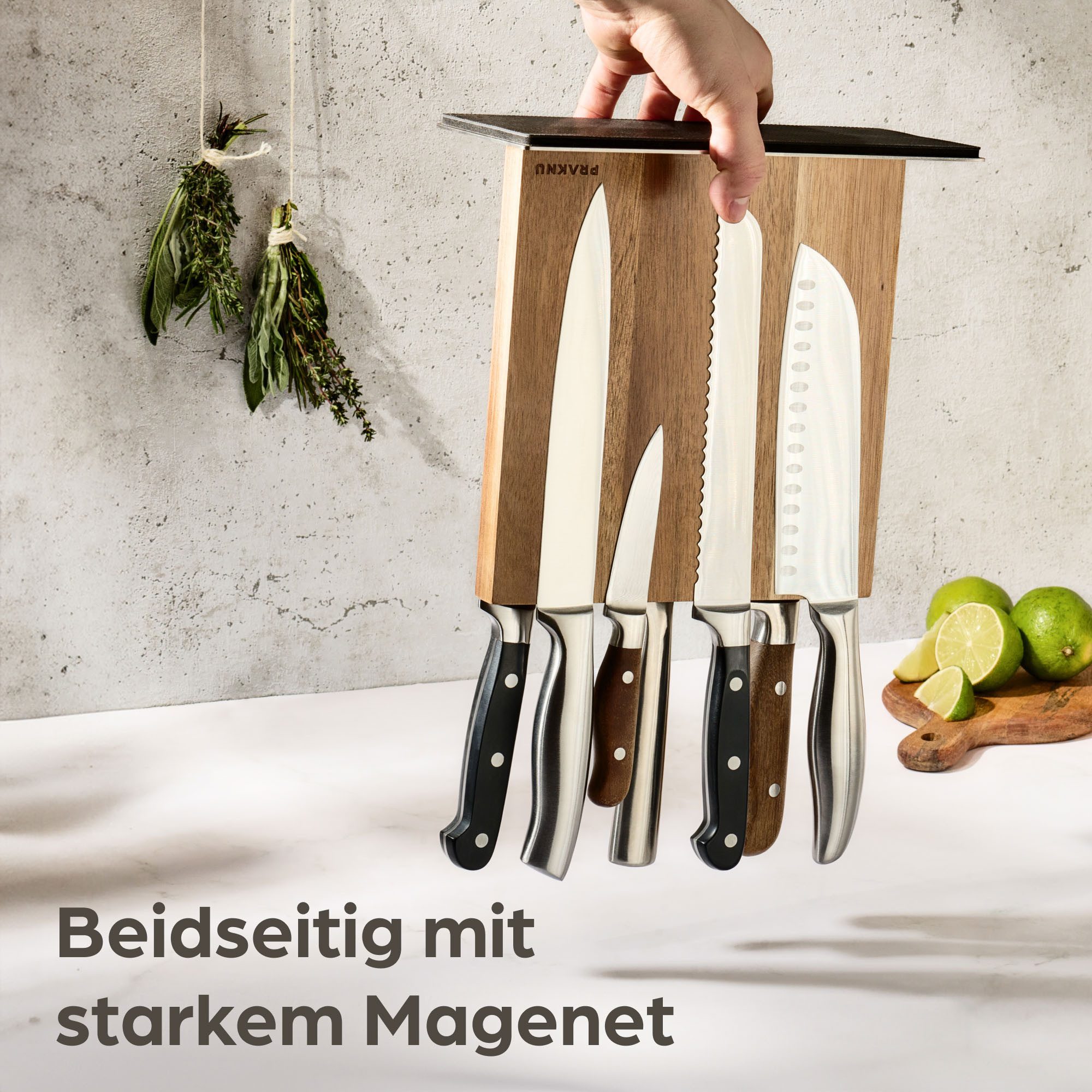 Praknu Magnet-Messerblock Magnetischer Messerblock ohne Messer - Beidseitig Starker Magnet (1tlg), Aus FSC-Akazienholz: Für 10 Messer, Rutschfest, beidseitig Magnetisch